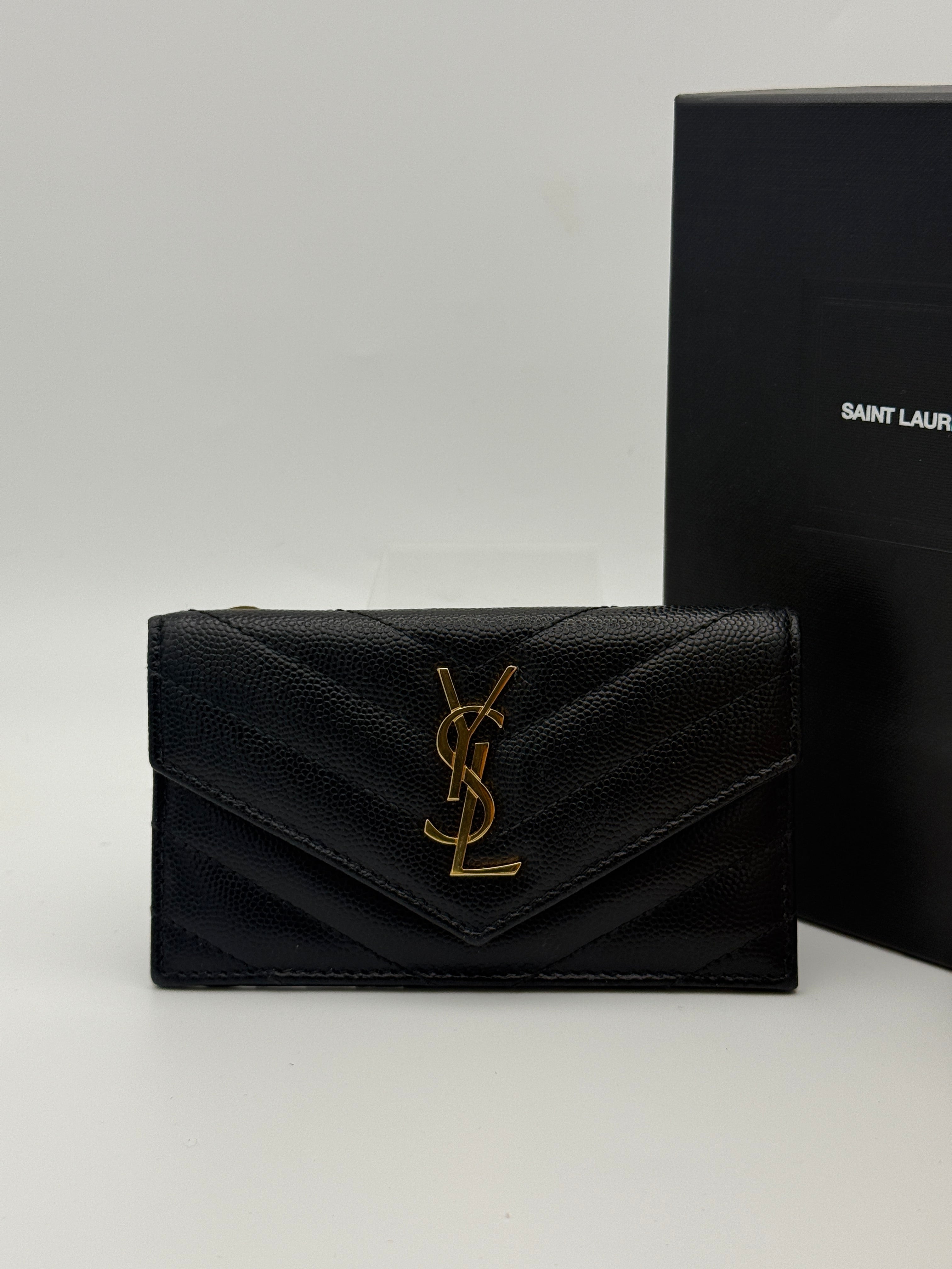 Saint Laurent Monogram Fragments Metalassé Card Holder Black Leather Gold Hardware. Authentic and preloved. Excellent Condition. 100% Authenticity guarantee