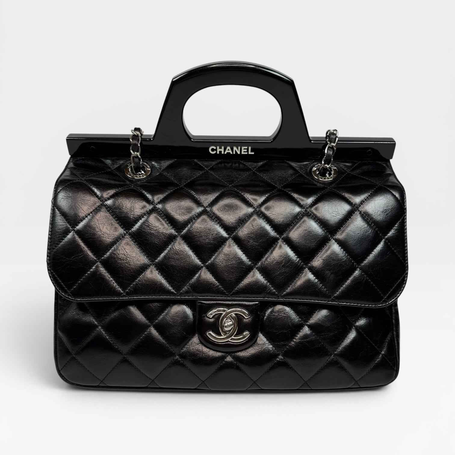 Chanel Delivery Top Handle Flap Bag In Black Calfskin Leather With Silver Hardware