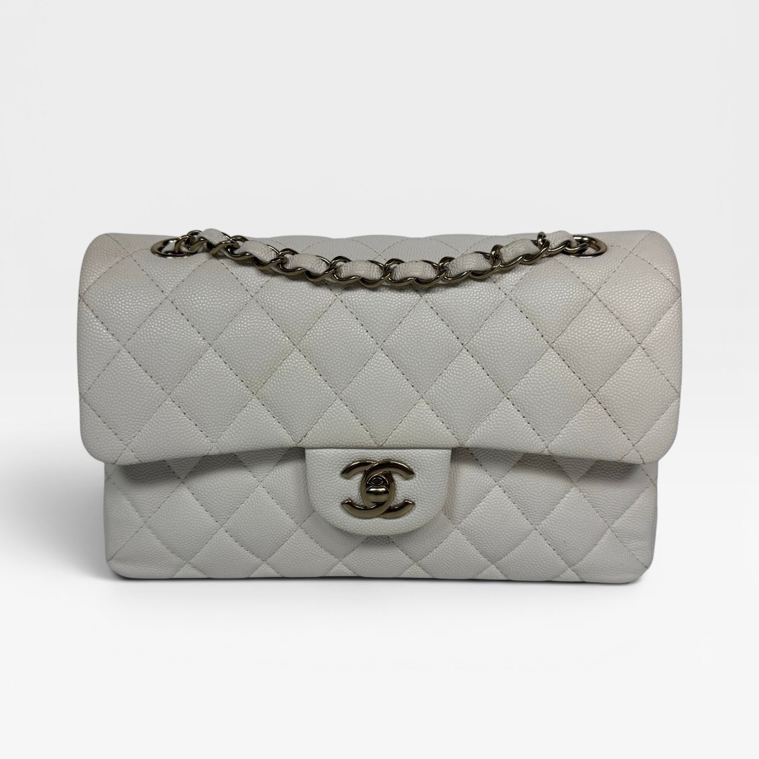 Chanel Small Classic Double Flap In White Caviar Leather With Gold Hardware