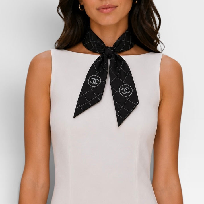 Chanel Black Silk Checked Neck Scarf