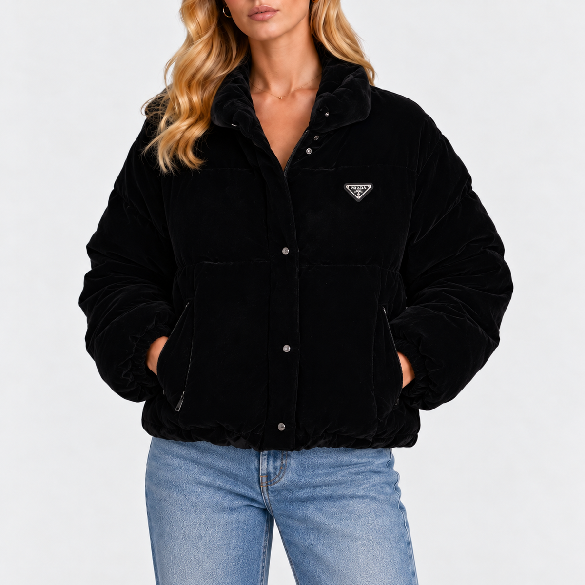 Prada Down-Filled Puffer Jacket In Black Velvet (Size 44/UK 12) 100% authentic and preloved in excellent condition
