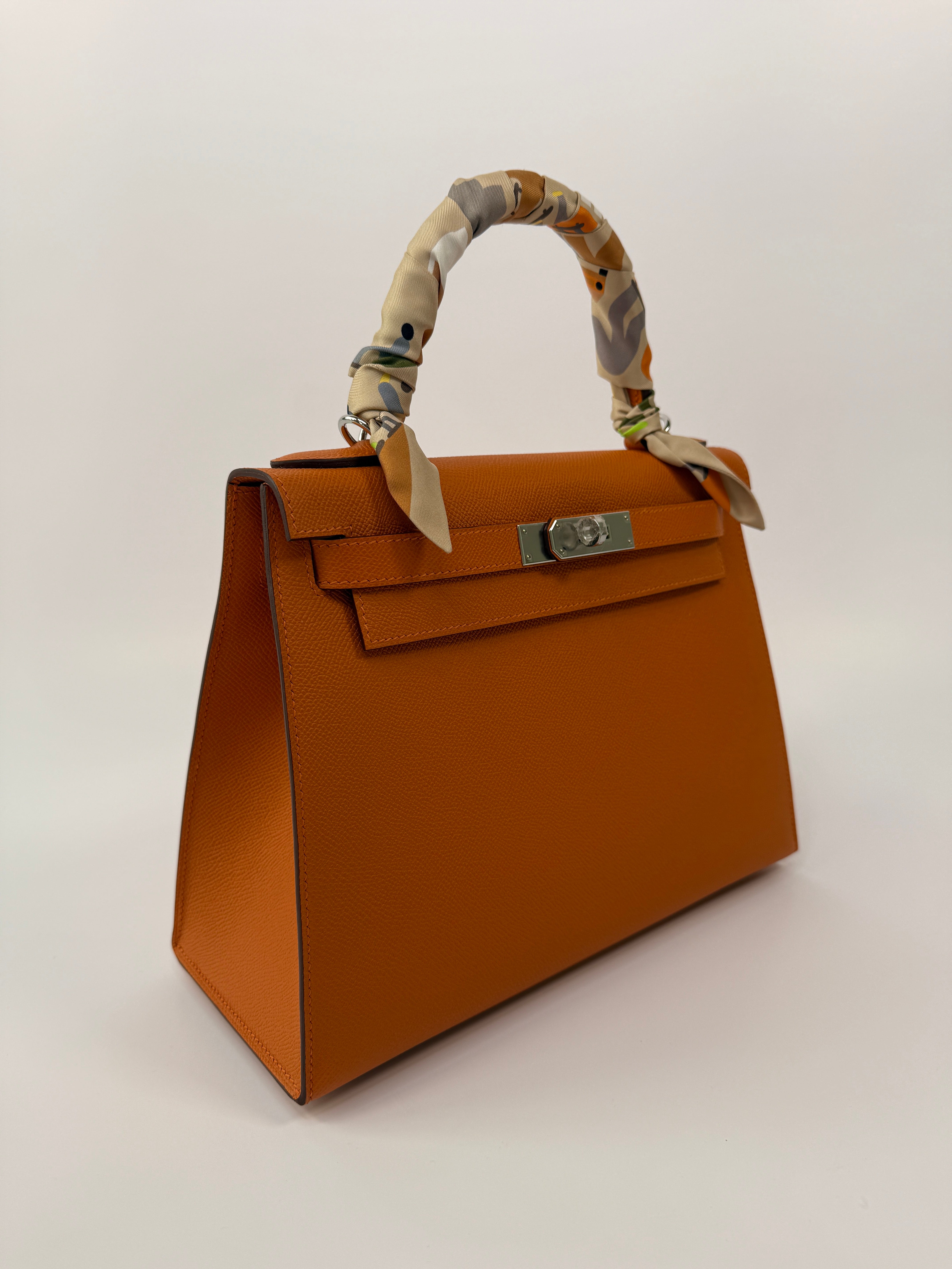 Authentic Pre Loved Hermès Kelly 28 In Orange Epsom Leather With Palladium Hardware New & Unused Condition