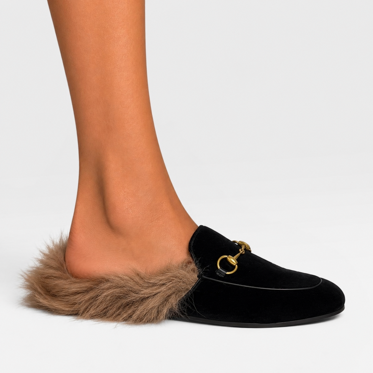 Gucci Princetown Mules In Black Velvet / Fur (Size 40 /UK 7)