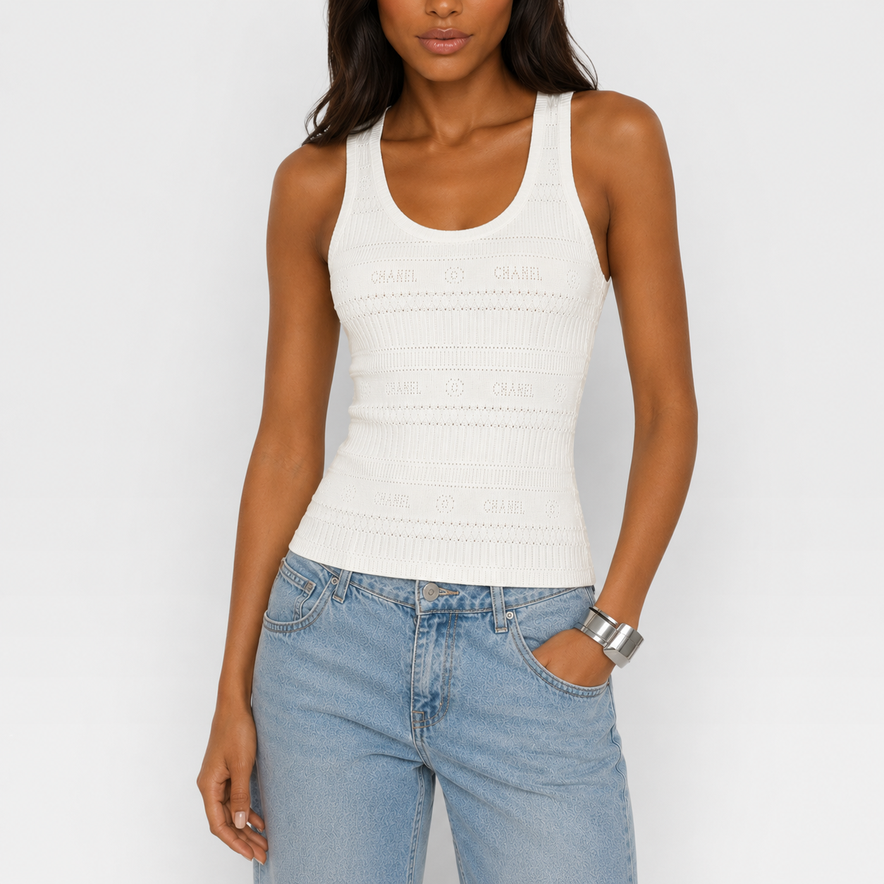Chanel Vintage Logo Pointelle Knit Sleeveless Tank Top In White Cotton (Size 34/UK8)