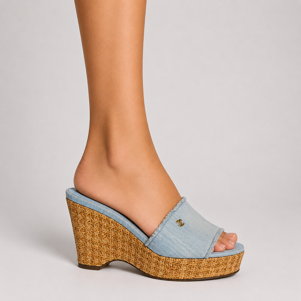 Chanel Raffia Wedges In Denim Blue Canvas 40/UK 7
