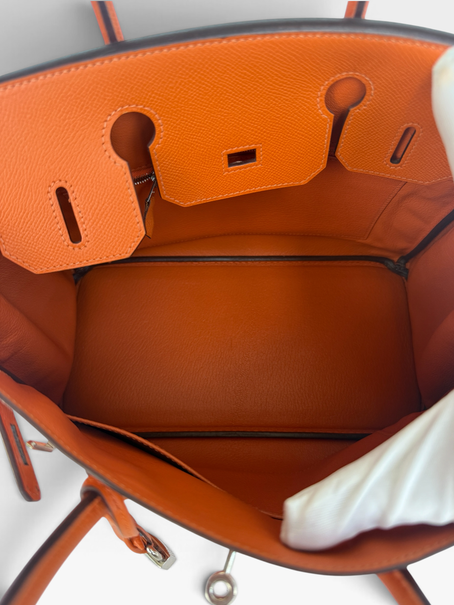 Hermès Birkin 30 In Orange Epsom Leather With Palladium Hardware. 100% authentic and preloved in excellent condition.
