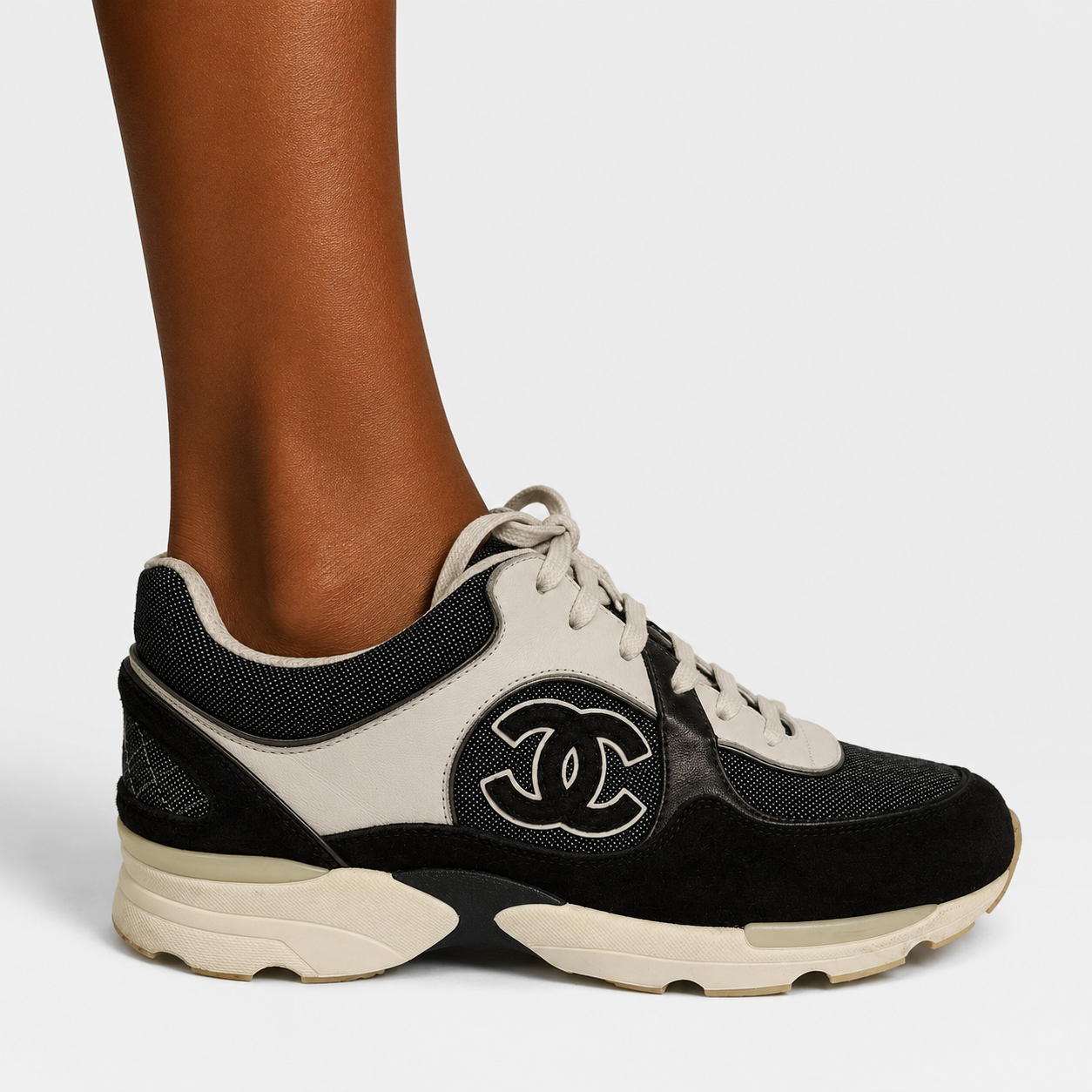 Chanel CC Sneakers In Dark Grey, White & Silver (Size 36.5/UK3.5)