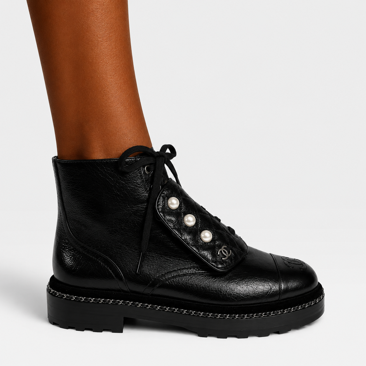 Chanel Pearl Ankle Boots Black Leather (Size 37/UK4)