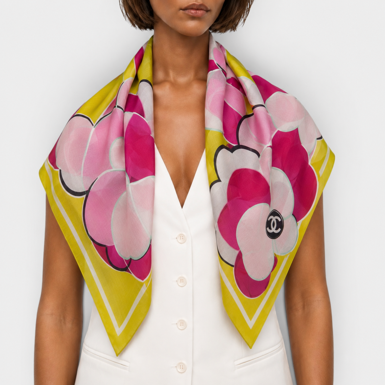 Chanel CC Floral Logo Shawl In Yellow Multicolour
