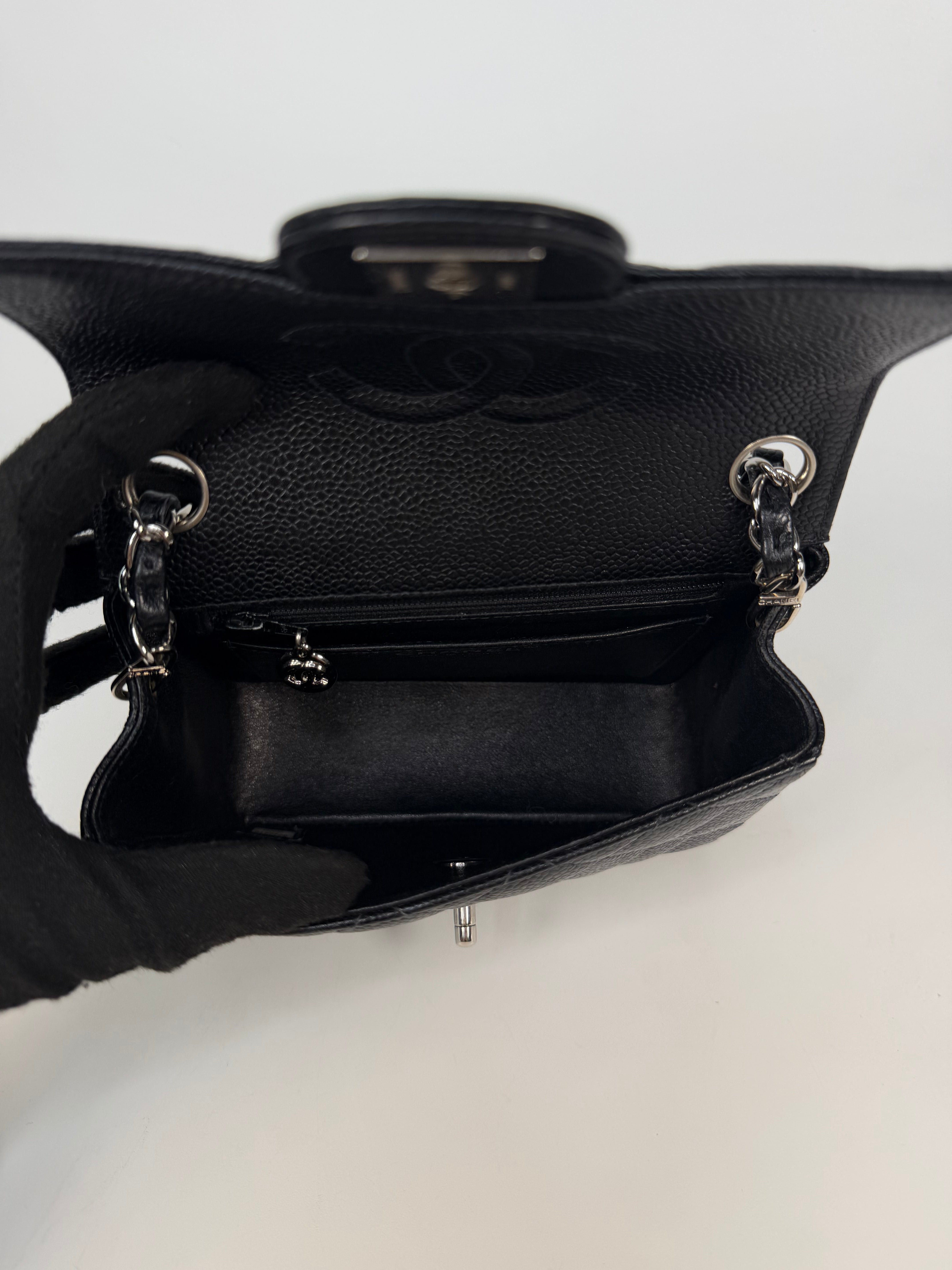 Chanel Vintage Mini Square Flap In Black Caviar Leather With Silver Hardware