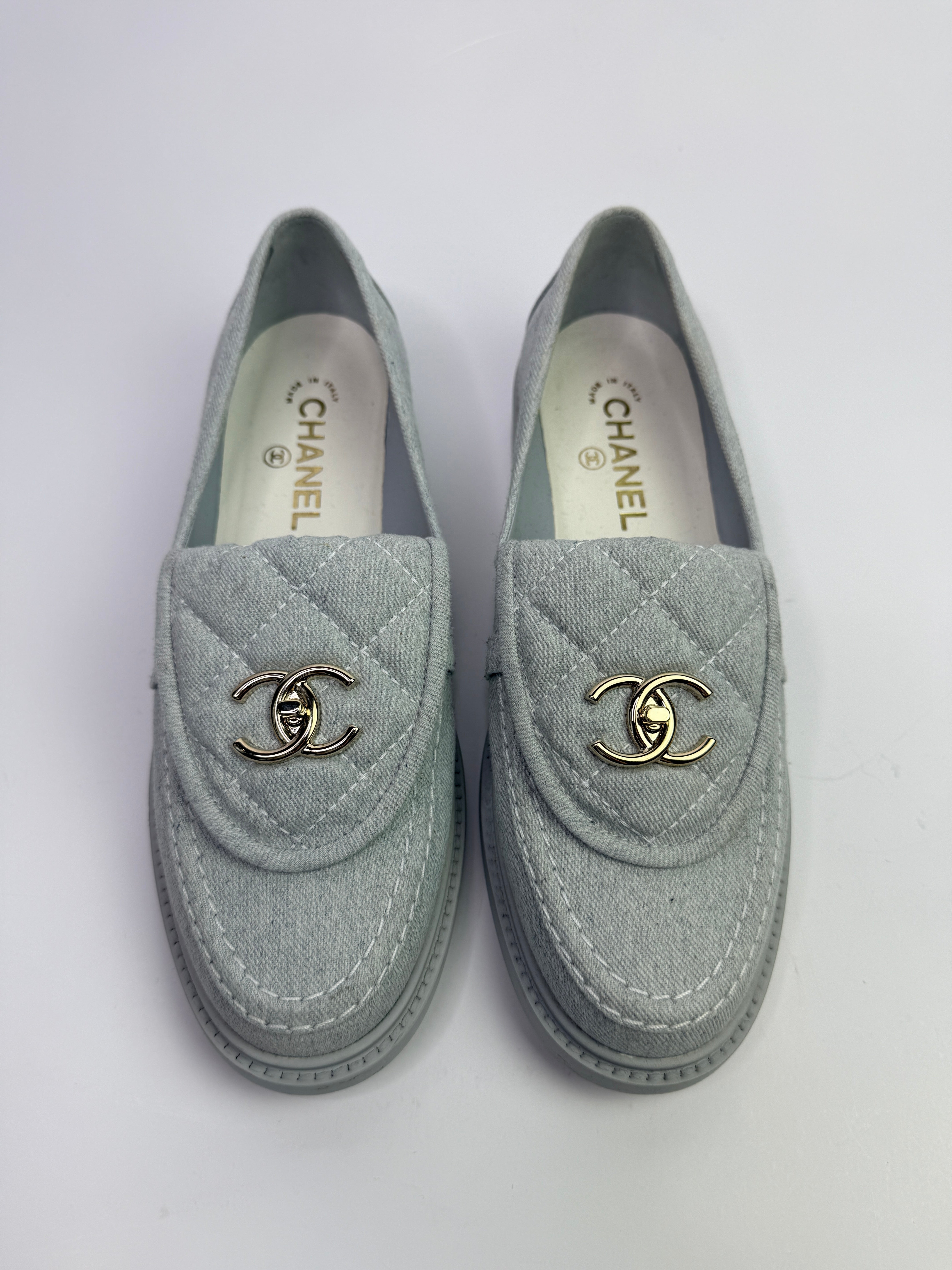 Chanel Denim Quilted Turnlock Loafers (Size 39.5/UK 6.5)