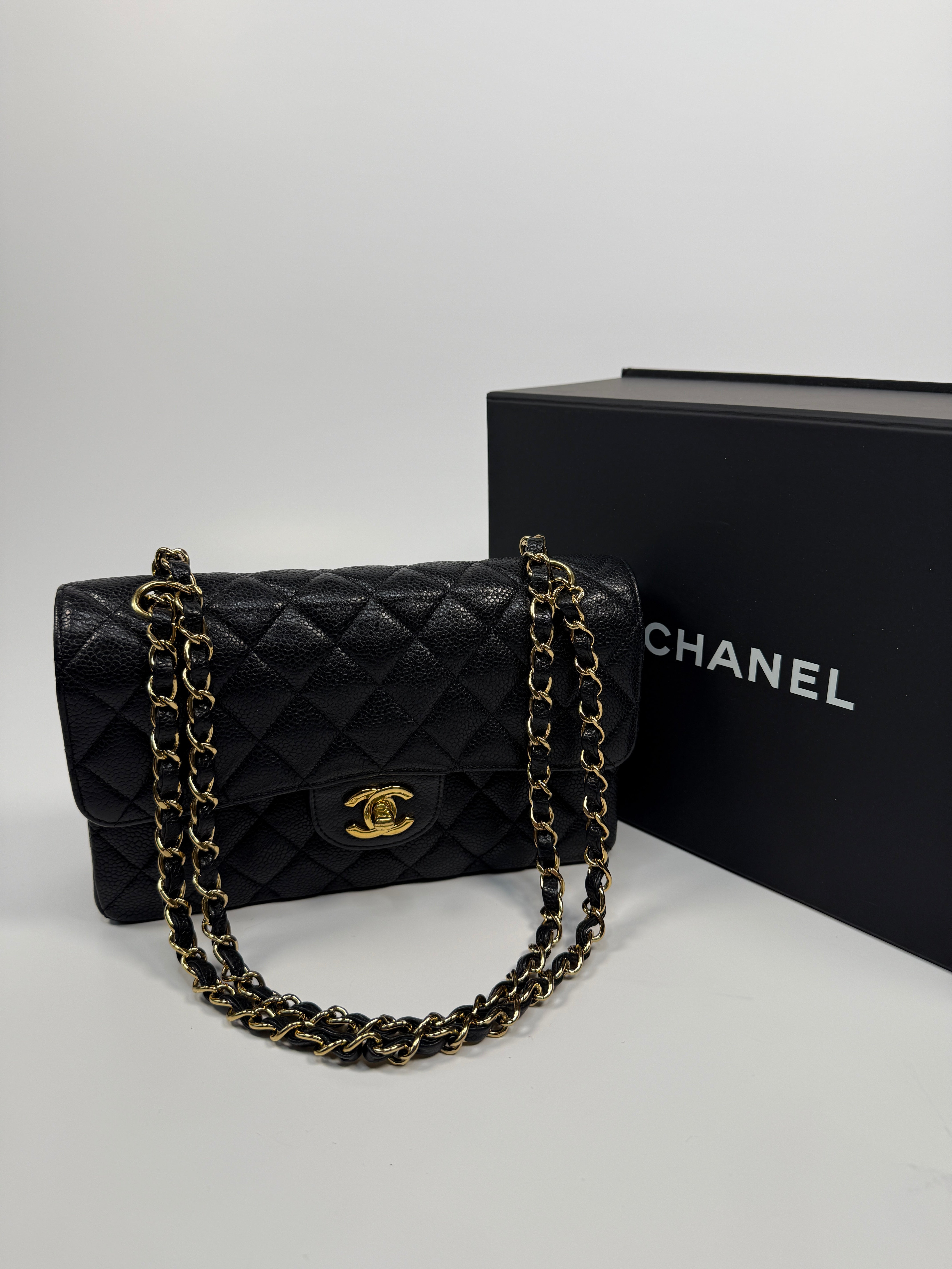 Chanel Small Vintage Classic Double Flap In Black Caviar Leather With Gold Hardware, Authentic And Preloved In Excellent Condition