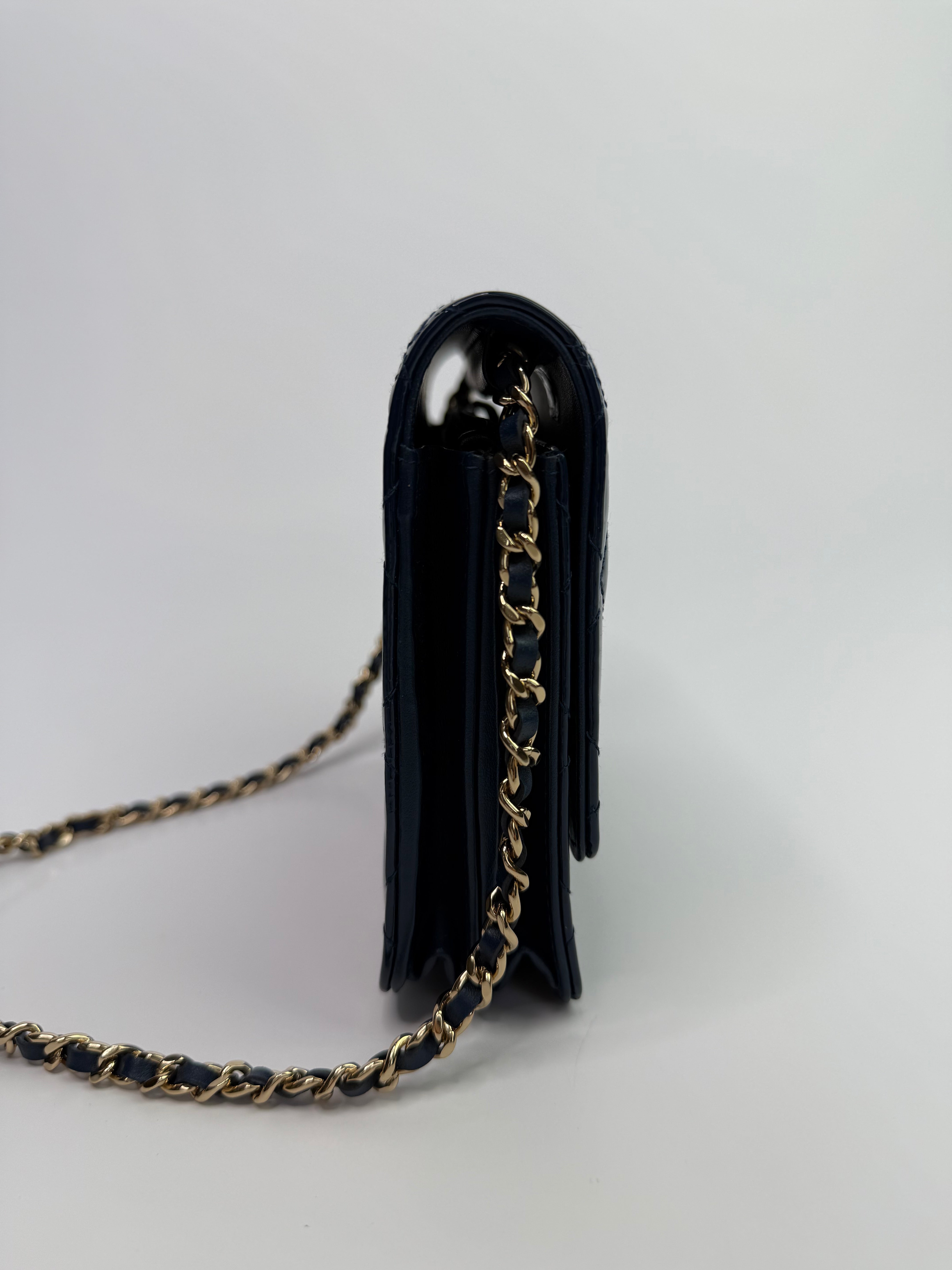 Chanel Square Wallet On Chain In Patent Navy Leather GHW