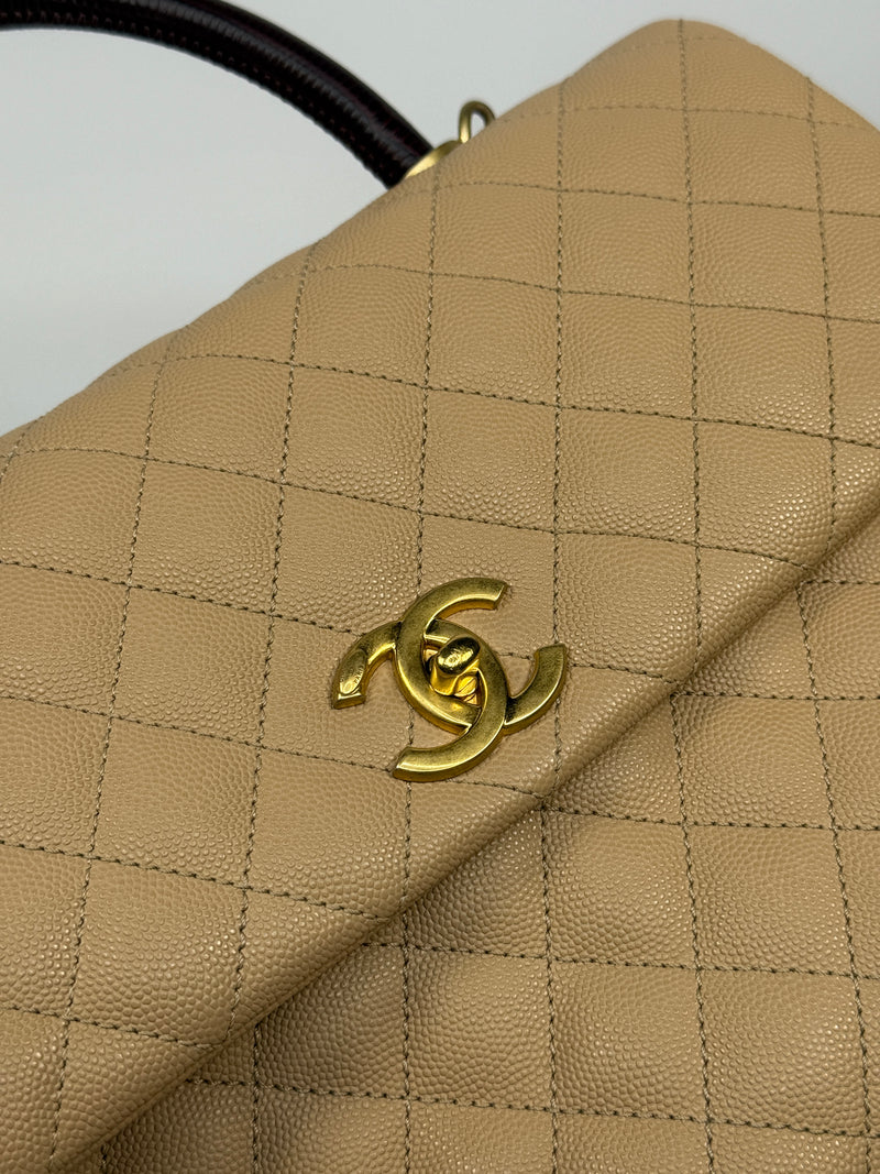 Chanel Coco Large Top Handle In Beige Caviar Leather With GHW