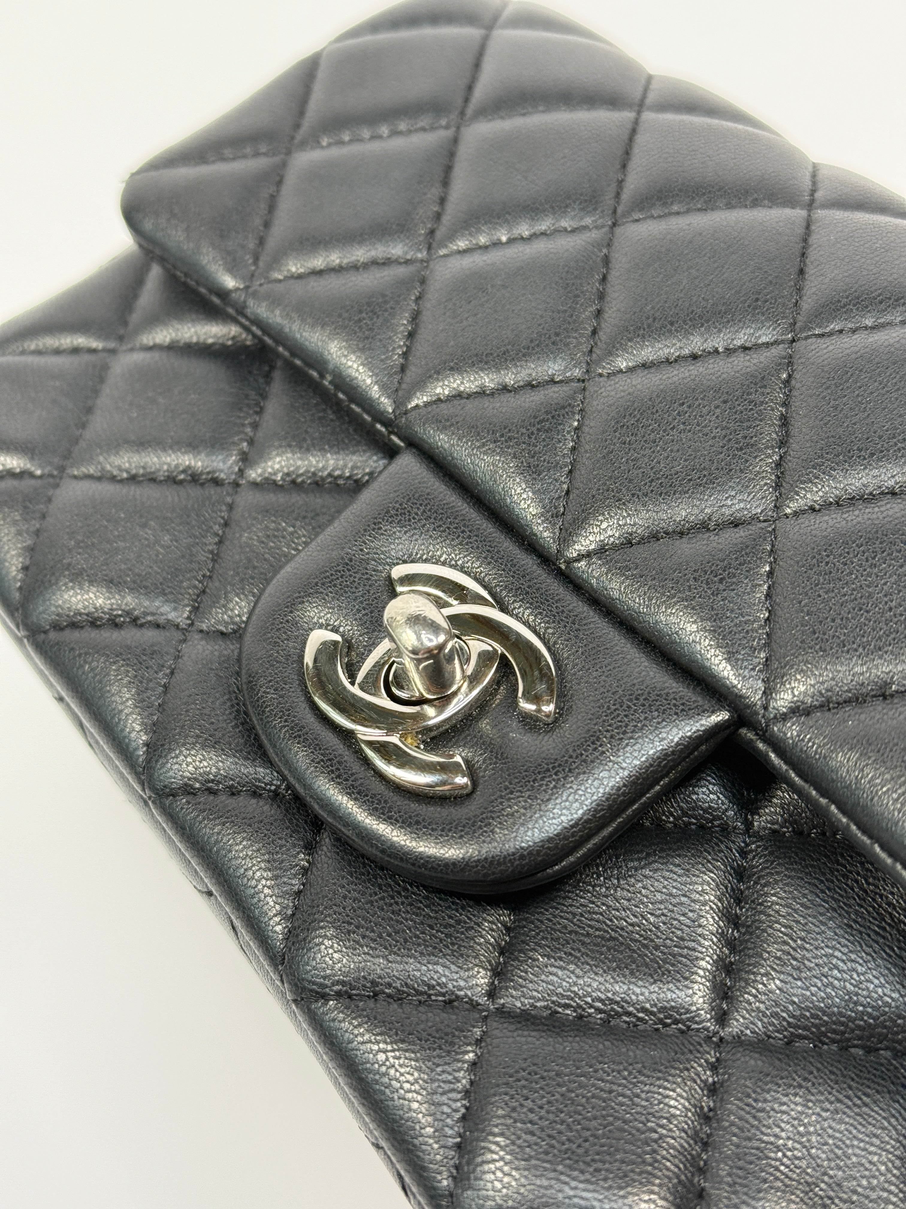 Chanel Mini Rectangle In Black Lambskin Silver hardware, authentic and preloved in very good condition
