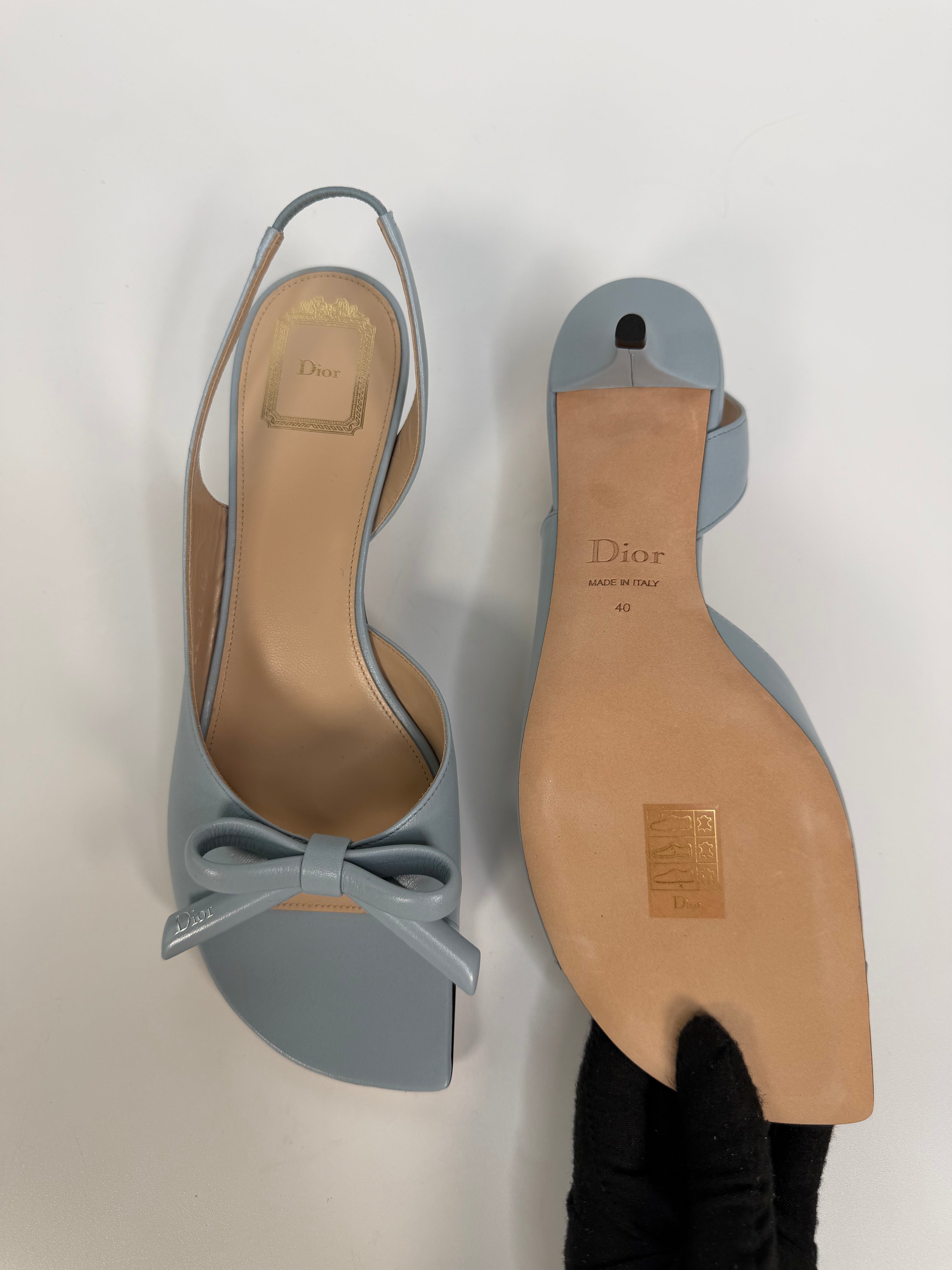 Christian Dior Bow Heeled Slingback Sandals In Blue Lambskin. Authentic and preloved in new and unused condition