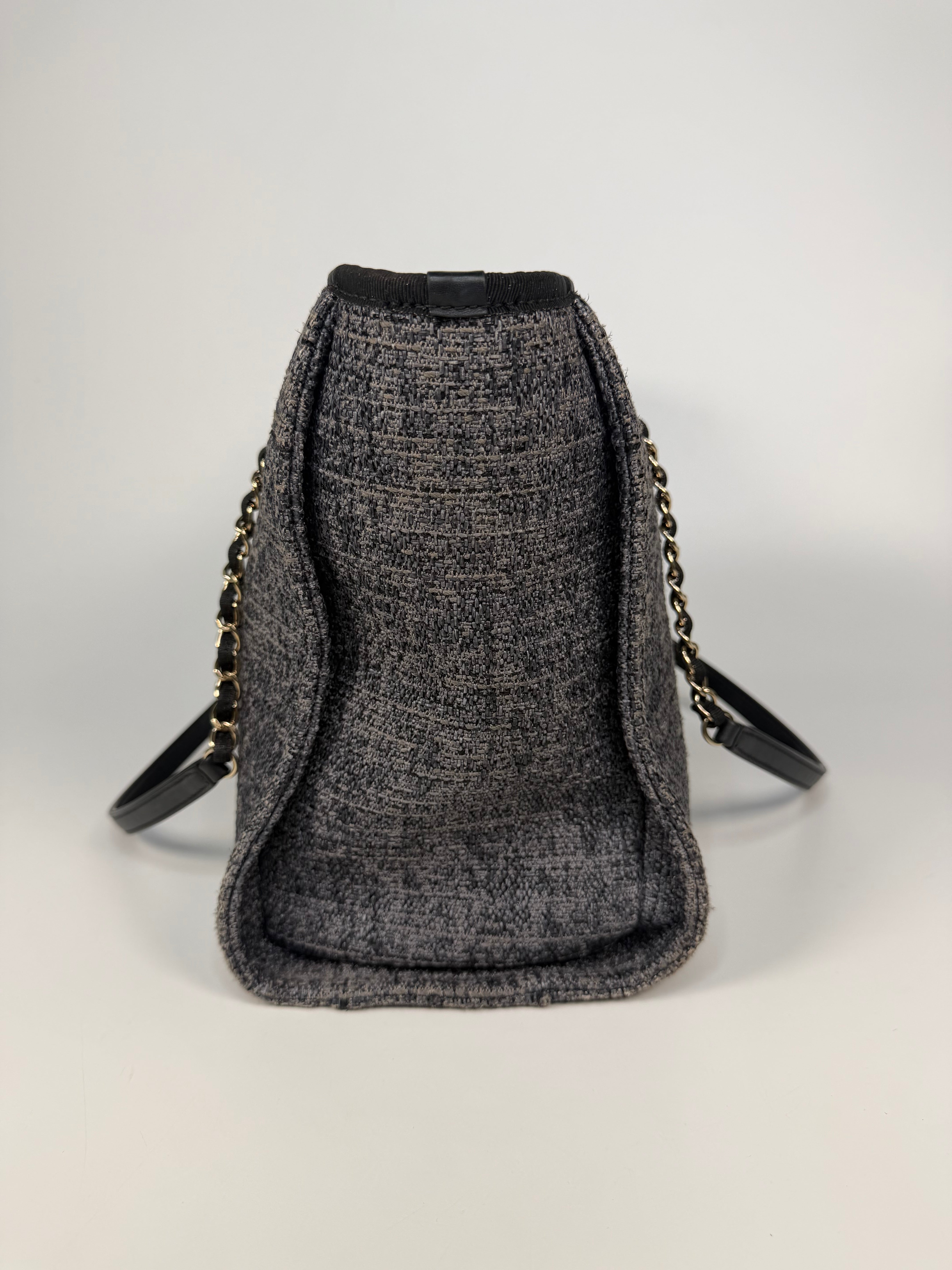 Chanel Small Deauville Tote Bag Navy / Dark Grey With Pale Gold Hardware. 100% authentic and preloved in excellent condition.