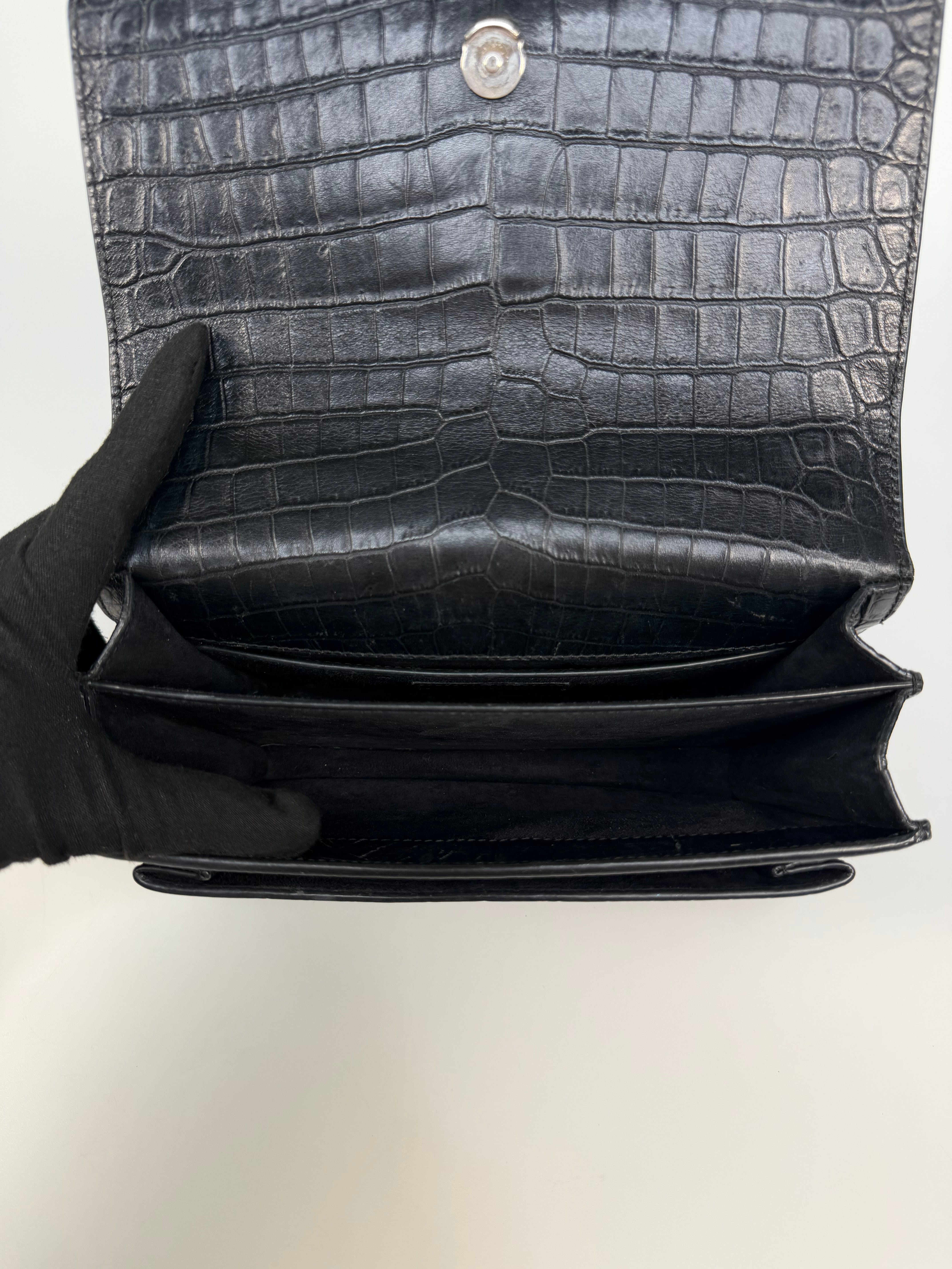 Saint Laurent Sunset Bag In Noir Croc Embossed Leather Silver Hardware. 100% authentic and preloved in very good condition.