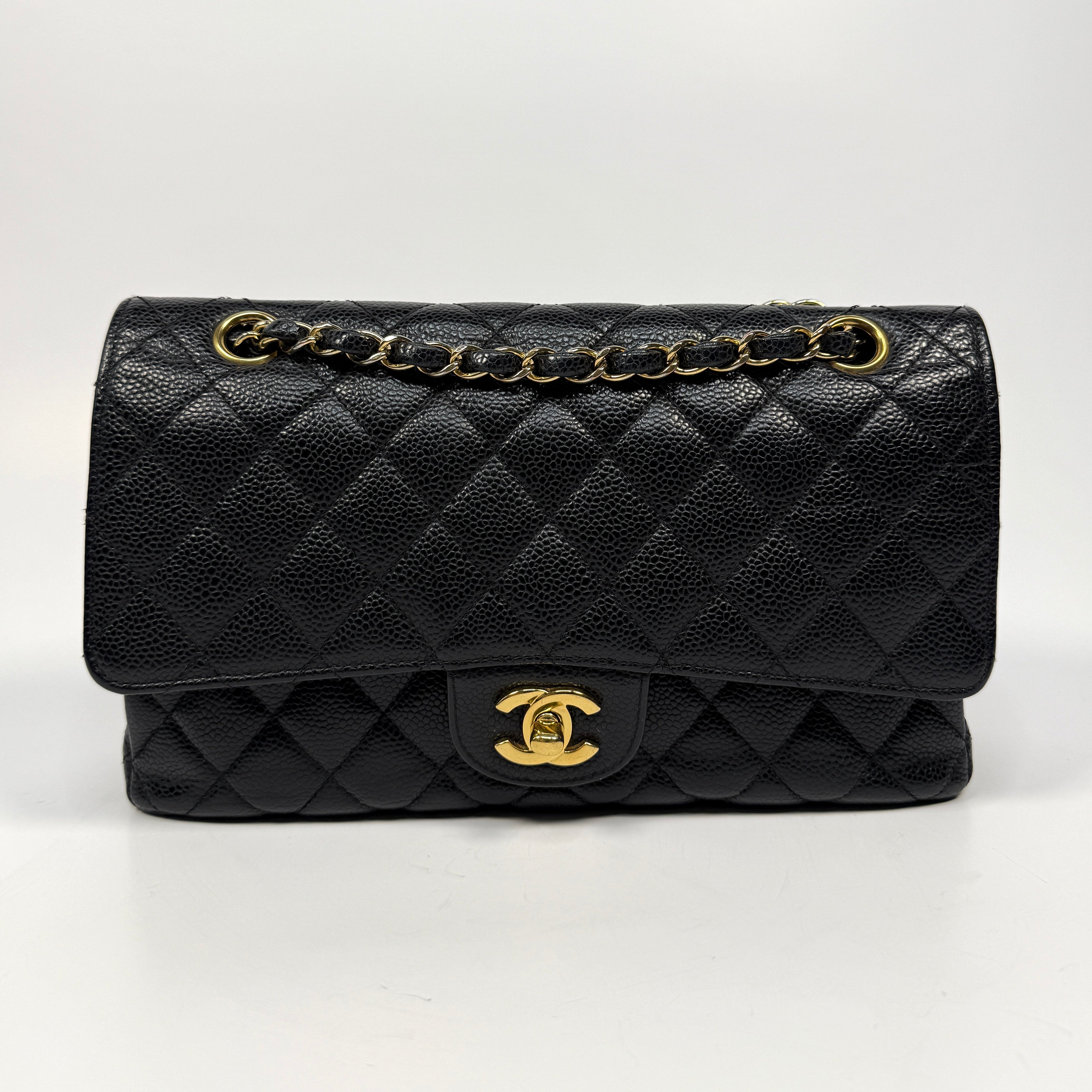 Chanel Medium Classic Double Flap Black Caviar With Gold Hardware, Authentic And Preloved In Very Good Condition 