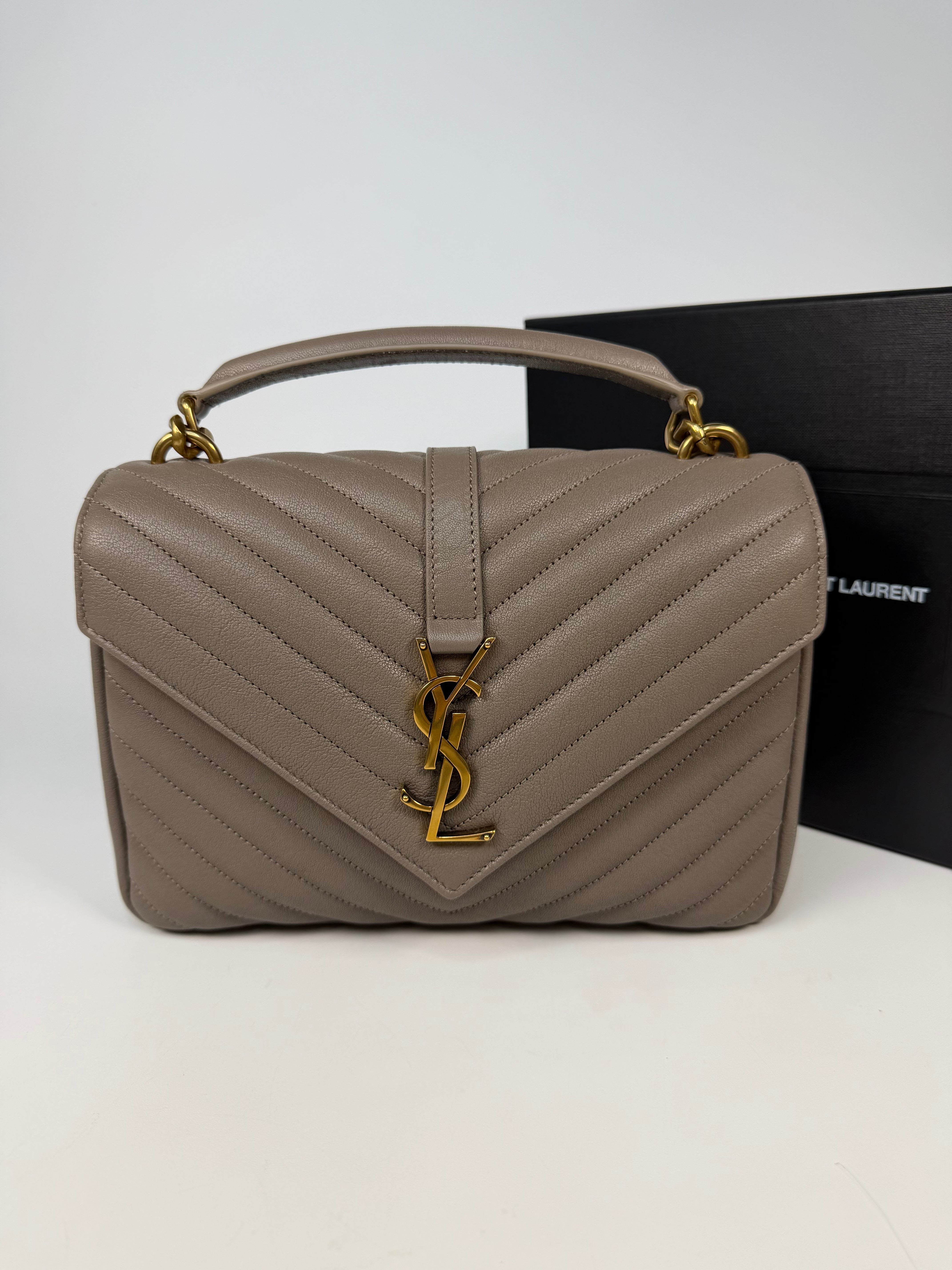 Saint Laurent Medium College Bag In Taupe Leather Gold Hardware. Authentic and preloved in new unused condition. Insured next day delivery. Verified by luxe cheshire