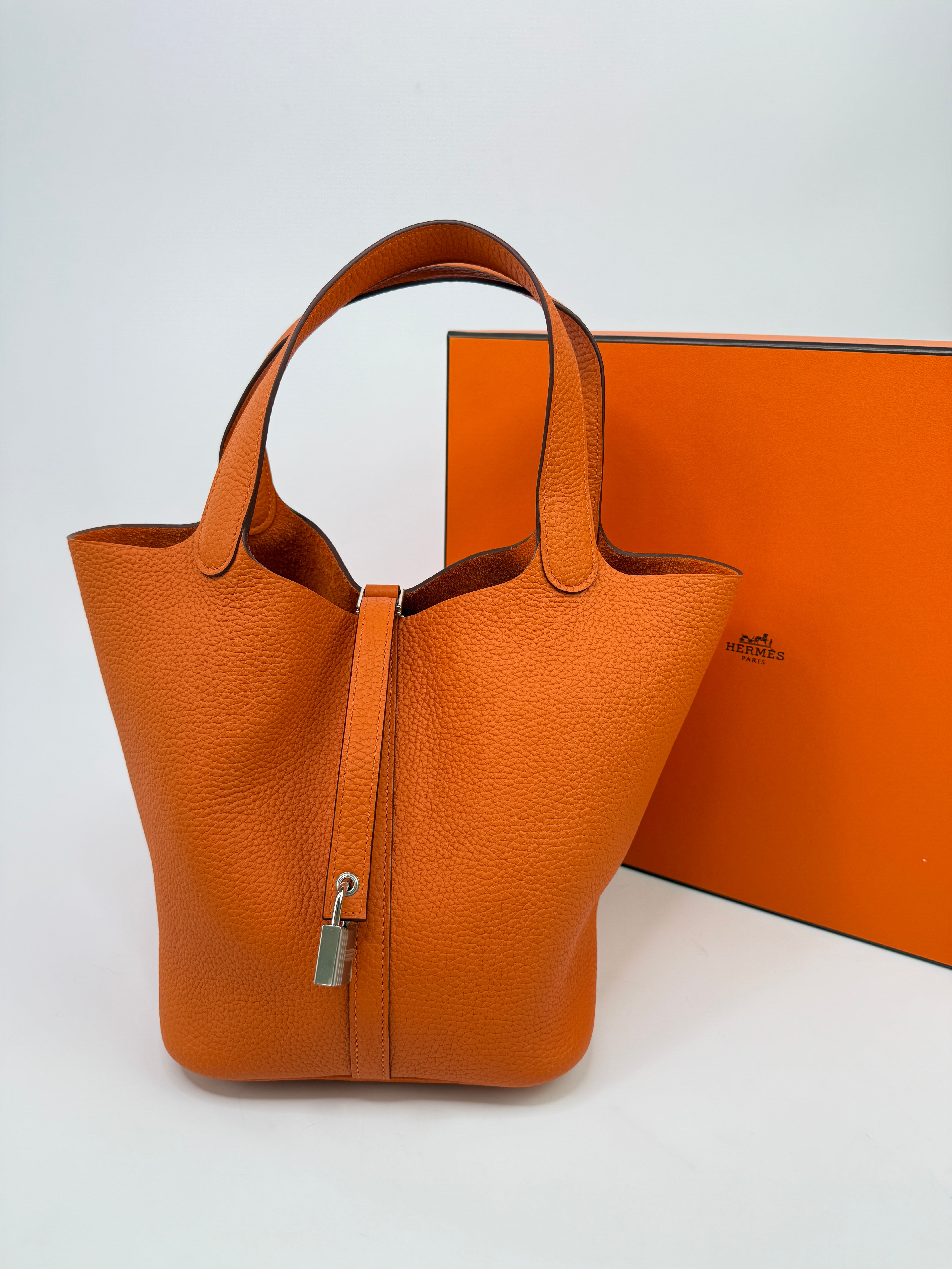 Authentic Pre Loved Hermès Picotin 22 In Orange Clemence Leather With Palladium Hardware New & Unused Condition