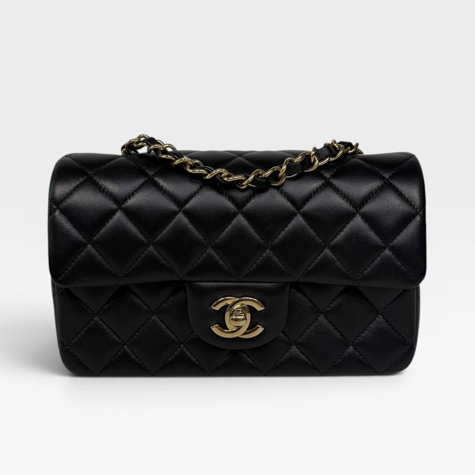 Chanel Mini Rectangle In Black Lambskin Leather With Pale Gold Hardware