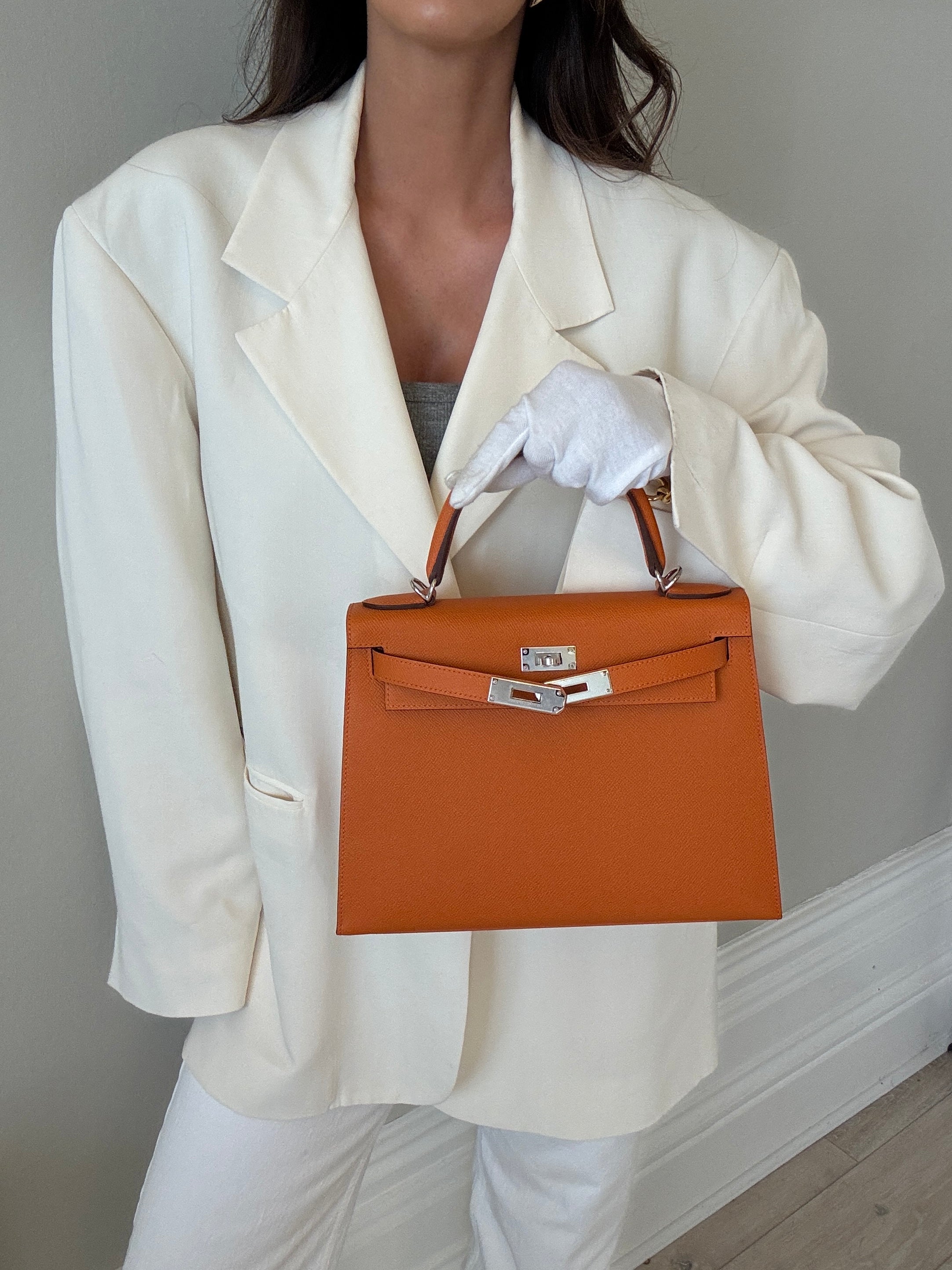 Authentic Pre Loved Hermès Kelly 28 In Orange Epsom Leather With Palladium Hardware New & Unused Condition