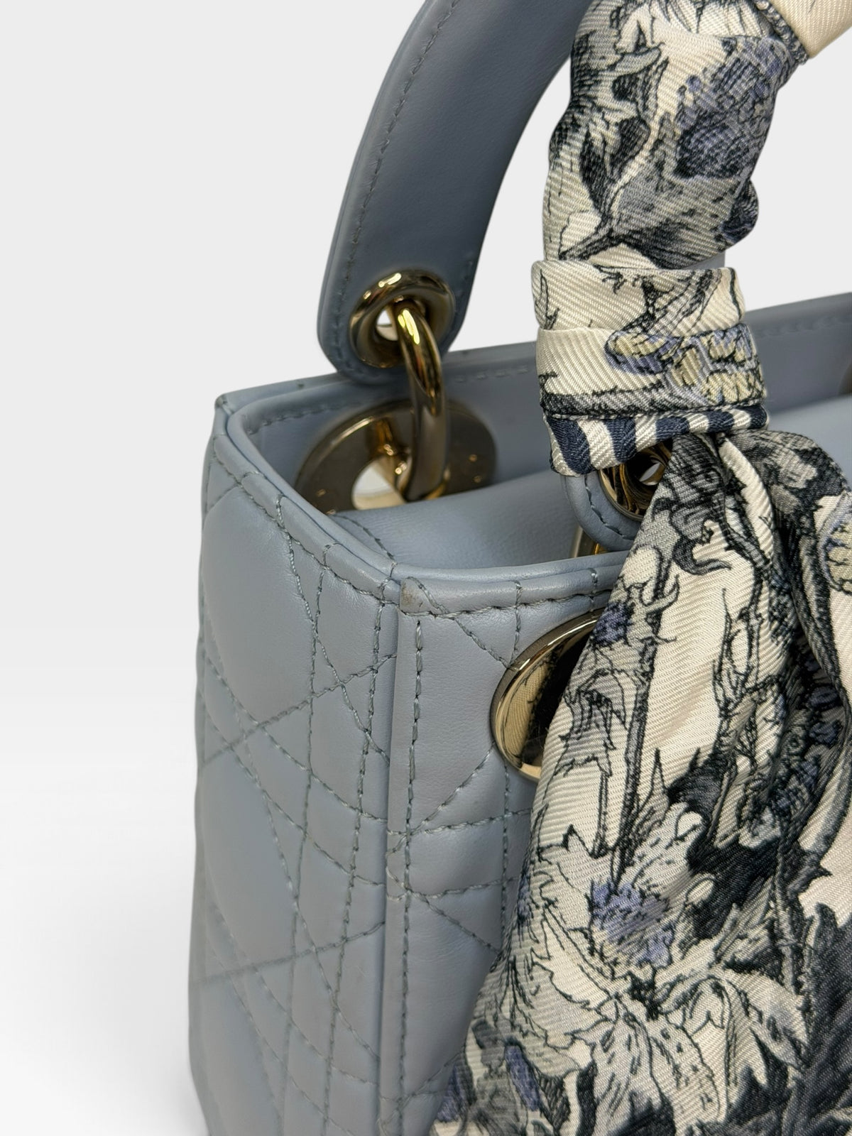 Christian Dior Mini Lady Dior In Pale Blue Cannage Leather With Pale Gold Hardware. 100% Authentic and Preloved in excellent condition. 100% Guarantee