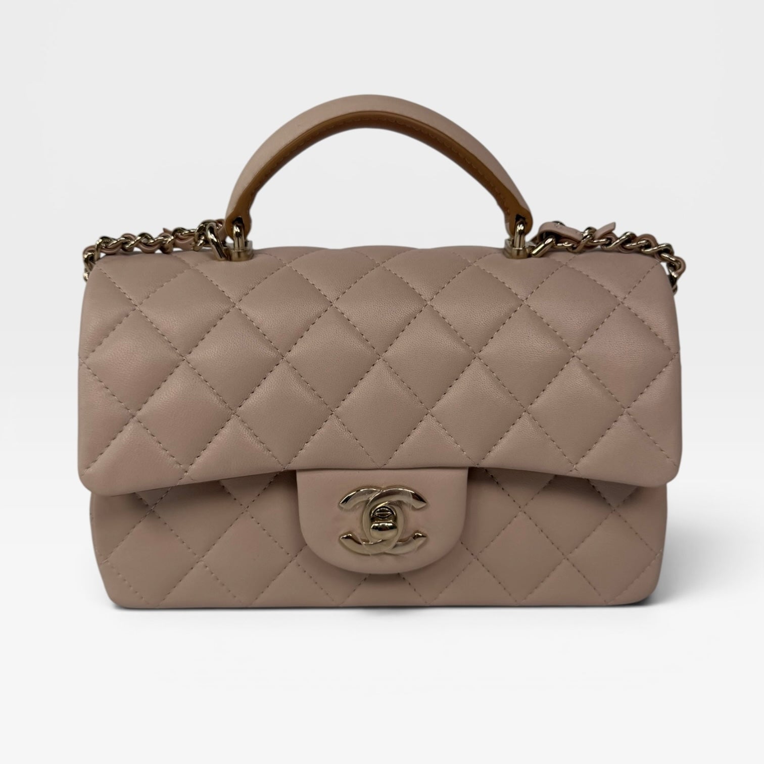 Chanel Mini Rectangle Top Handle In Light Beige Lambskin Leather With Pale Gold Hardware