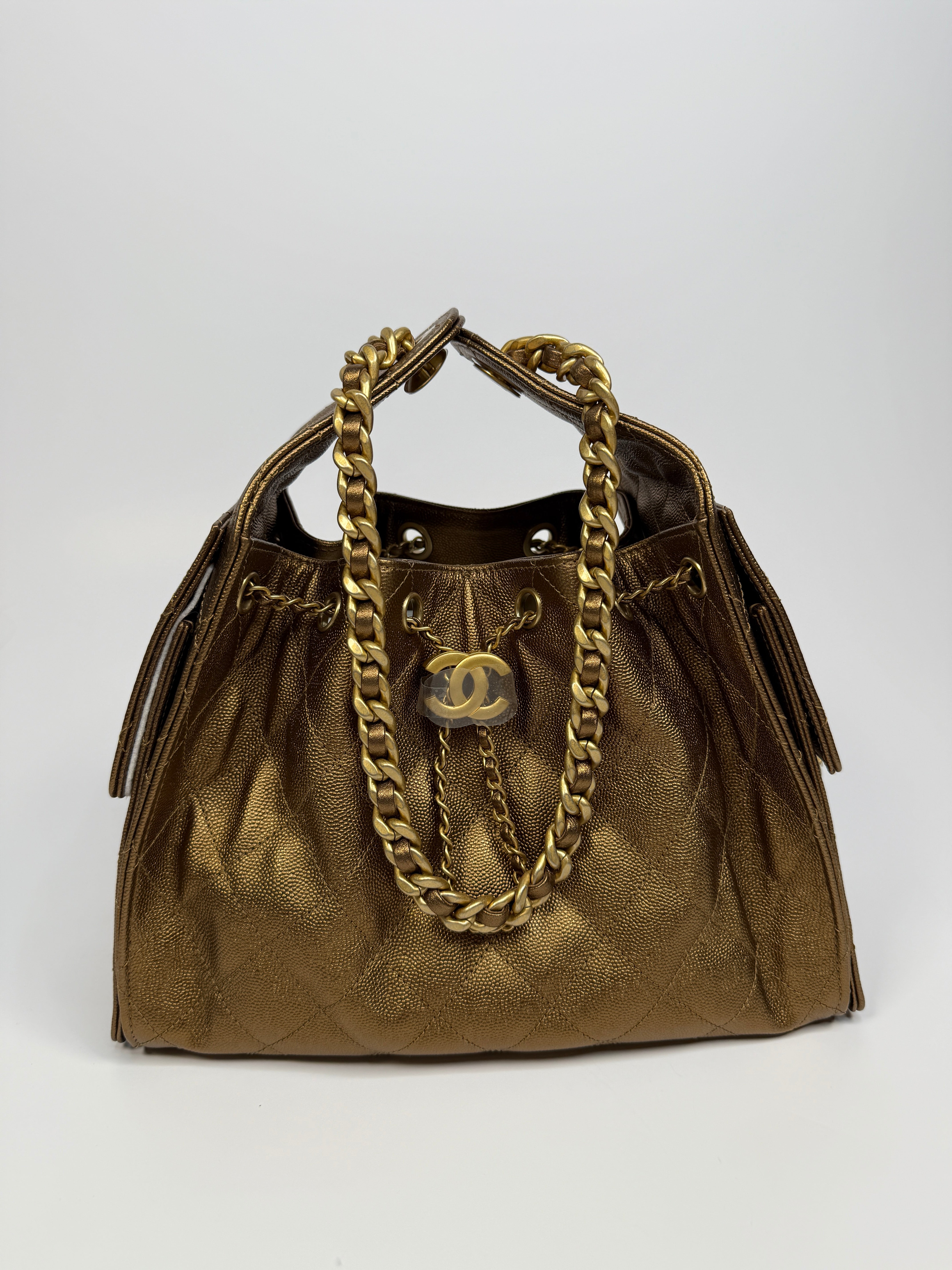 Authentic pre loved Chanel 25 Small In Metallic Bronze Caviar Leather With Gold hardware