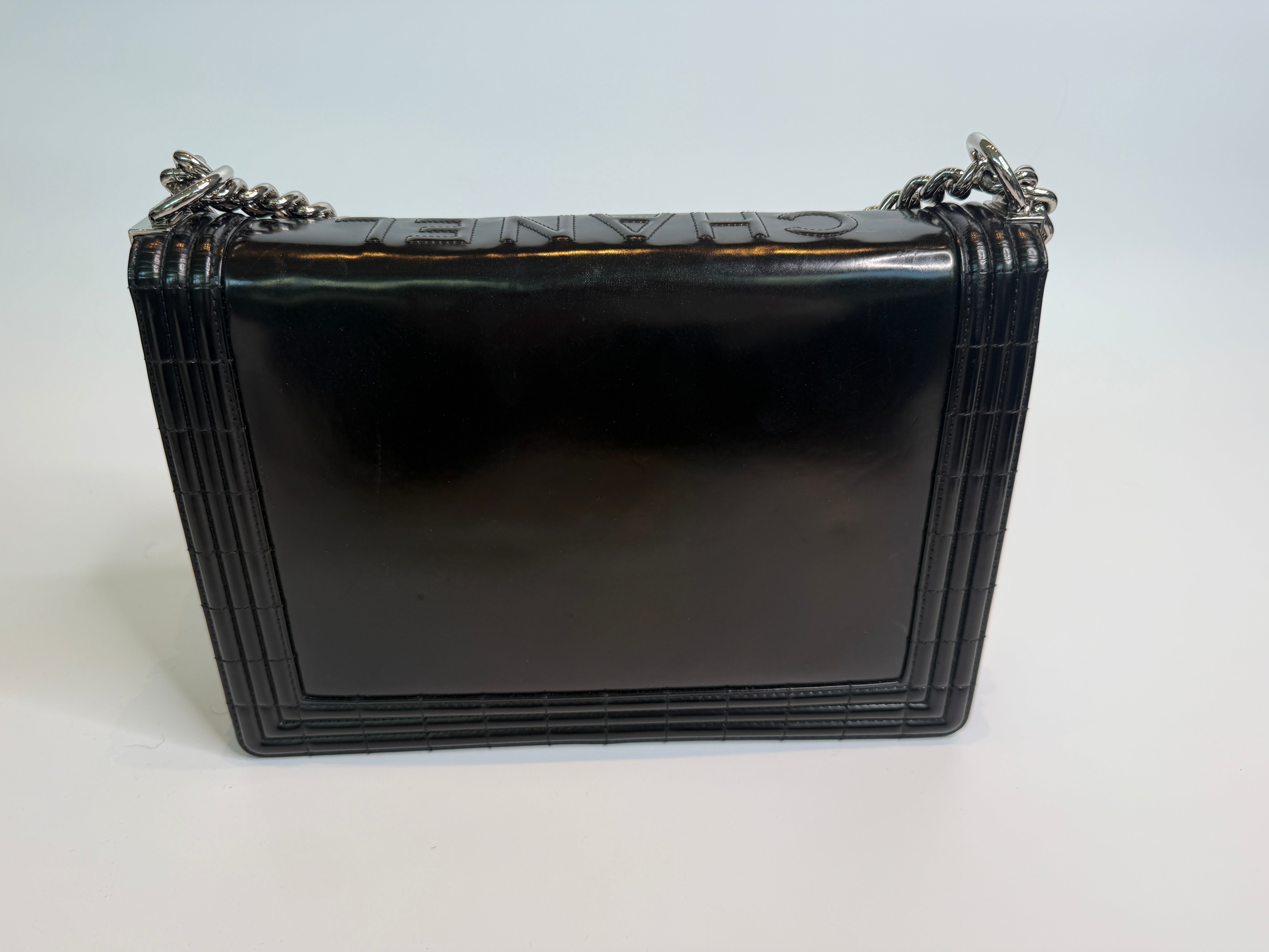 Authentic Pre Loved Chanel Large Boy Bag In Black Patent Leather With Silver Hardware