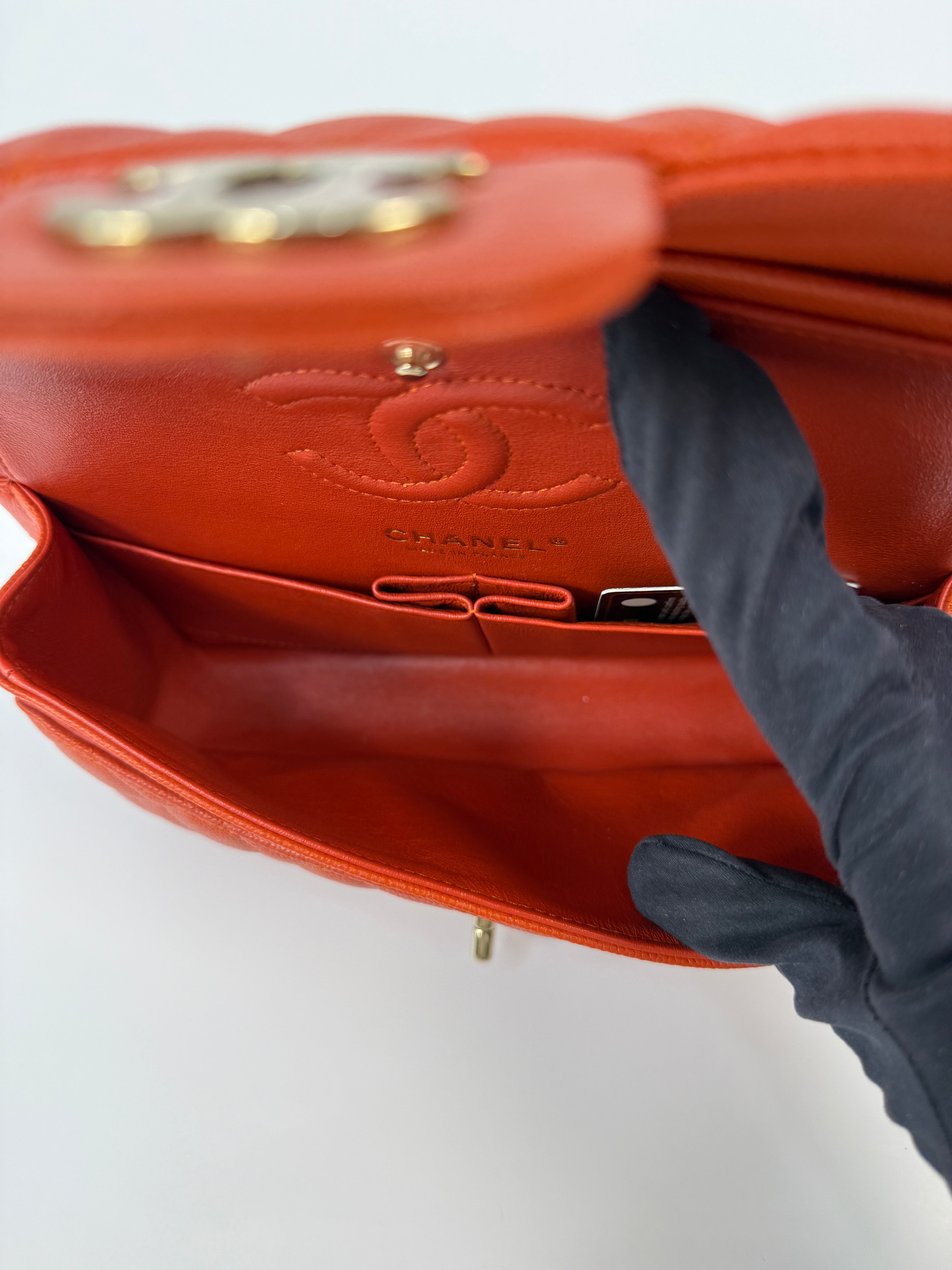 Chanel Small Classic Double Flap In Orange/Red Caviar Leather With PGHW