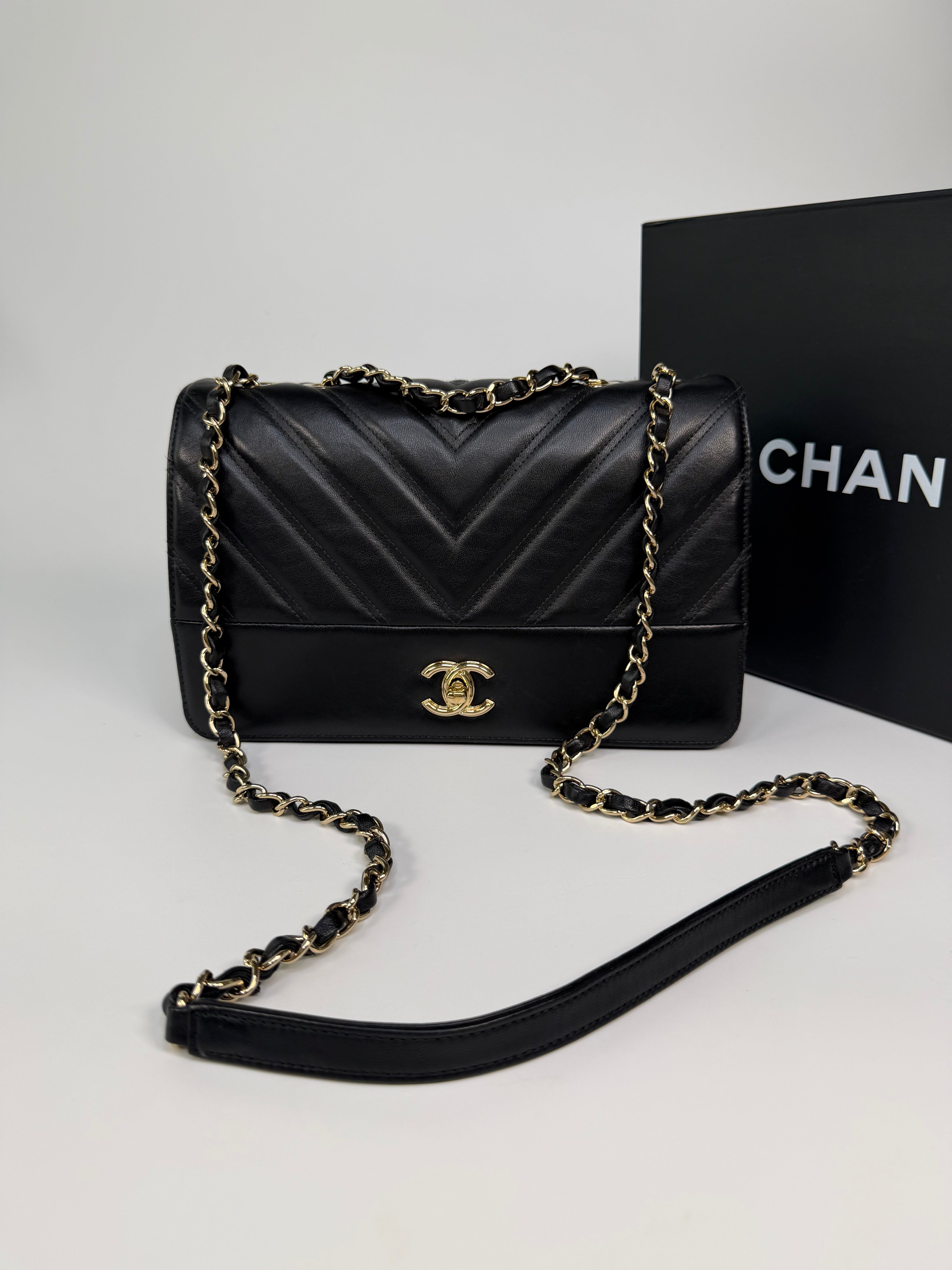 Chanel Chevron Flap In Black Lambskin Leather With Gold Hardware. Authentic and preloved in excellent condition. 100% guarantee