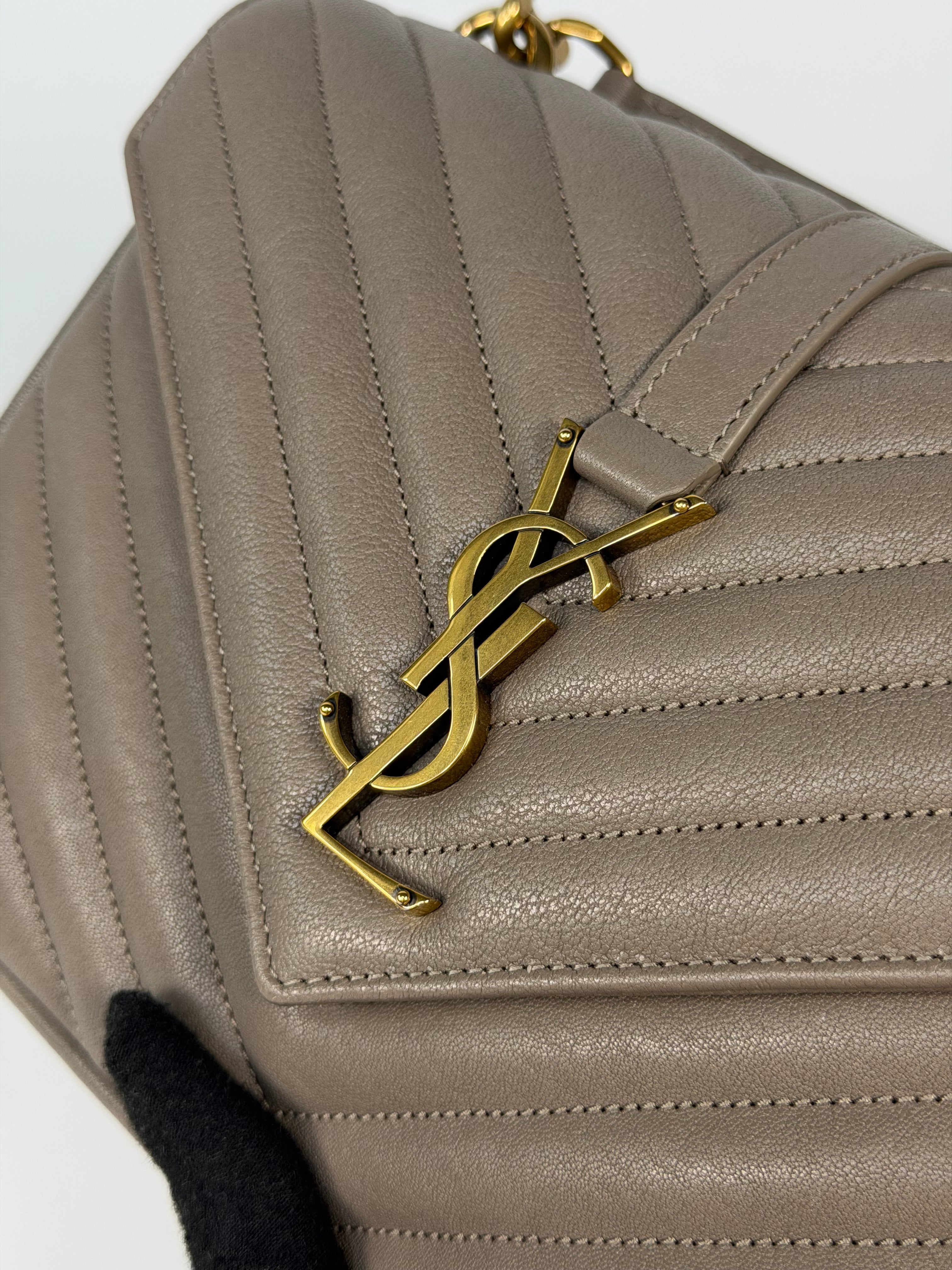 Saint Laurent Medium College Bag In Taupe Leather Gold Hardware. Authentic and preloved in new unused condition. Insured next day delivery. Verified by luxe cheshire