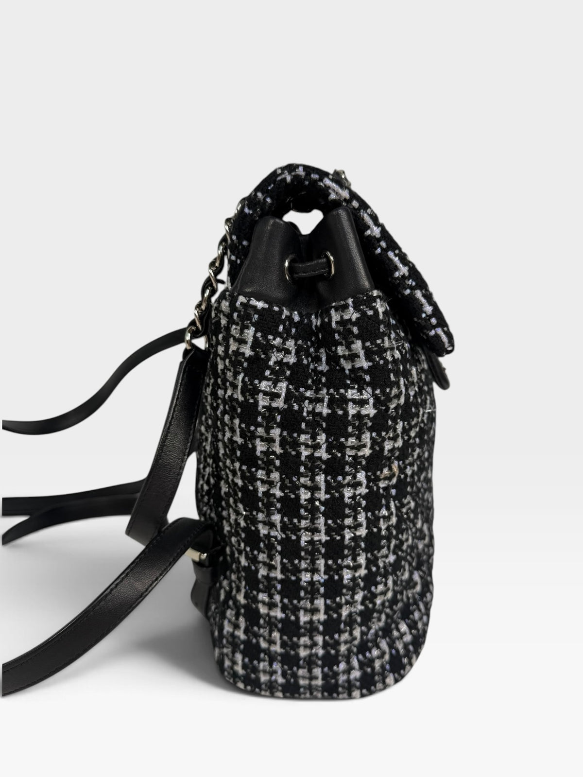 Chanel Backpack In Black & Grey Tweed With Silver Hardware. Authentic and preloved in excellent condition. 100% Guarantee