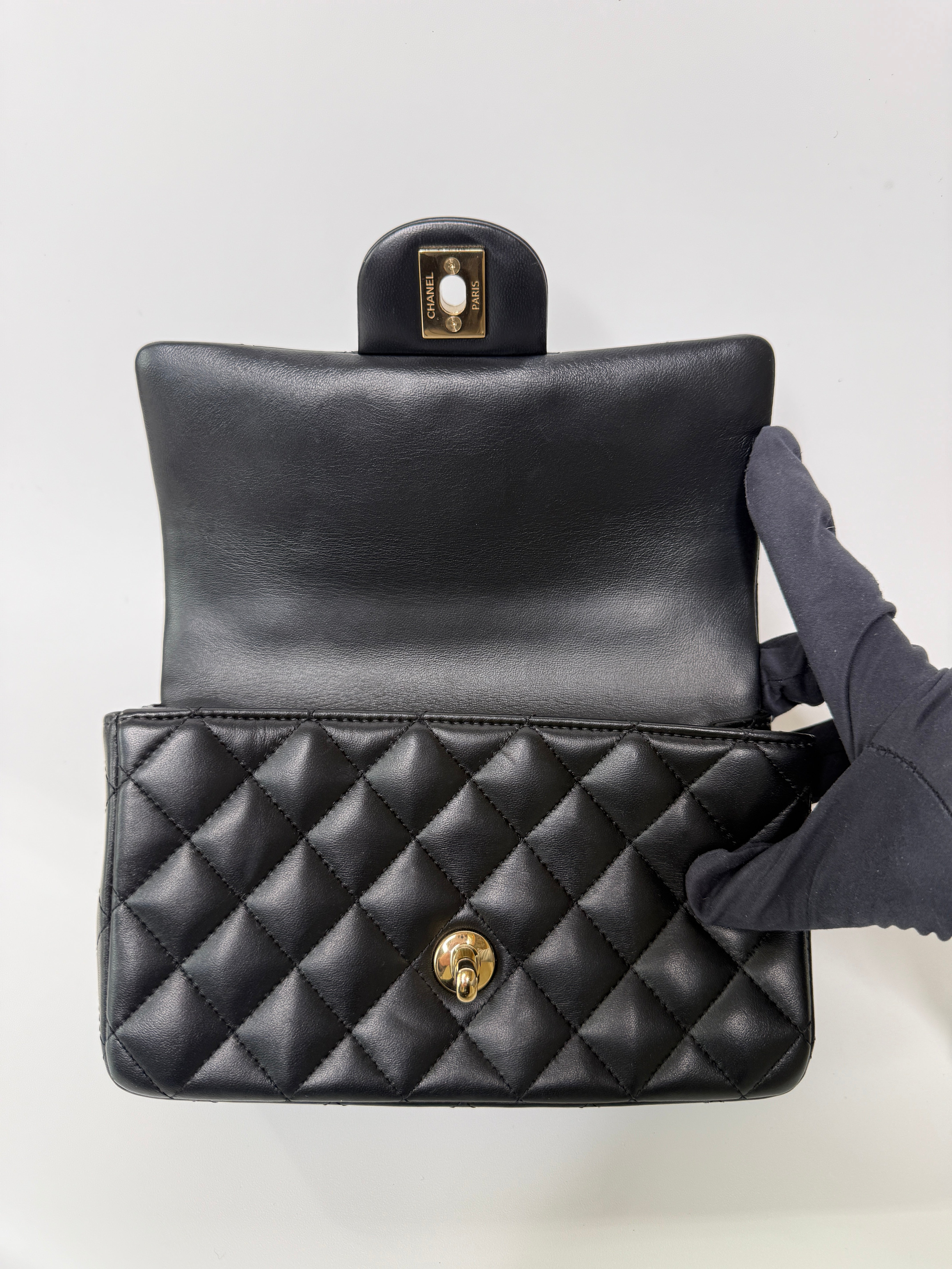 Chanel Mini Rectangle Top Handle Flap Bag In Black Lambskin With Pale Gold Hardware