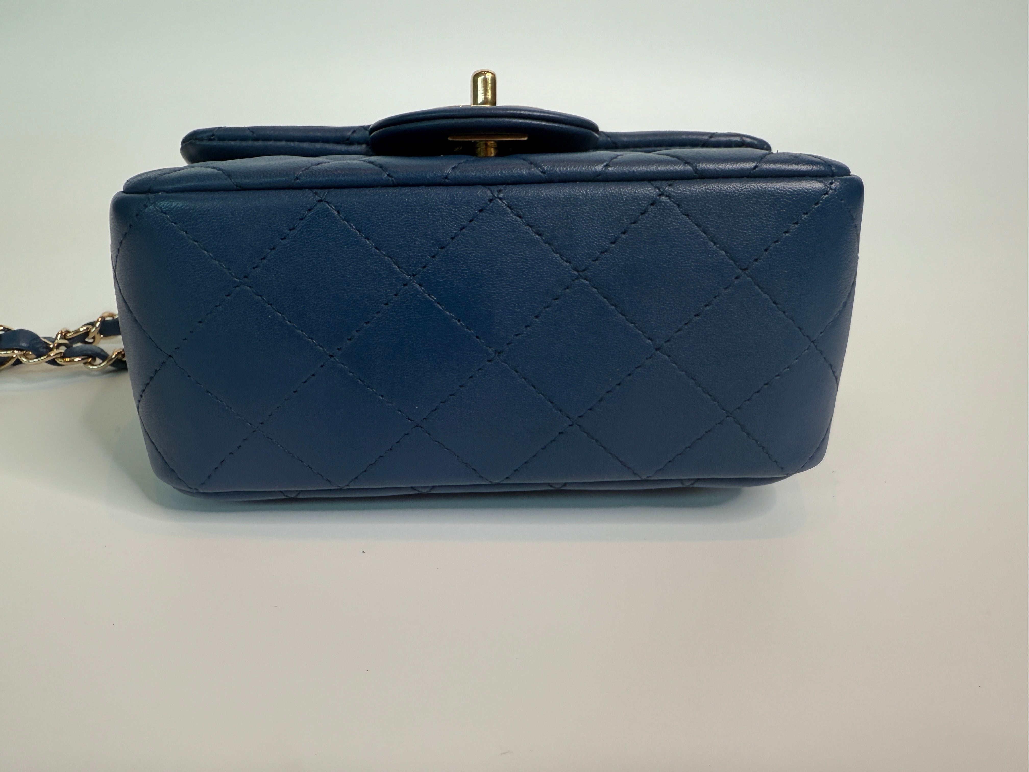 Chanel Mini Square In Navy Lambskin Leather With PGHW