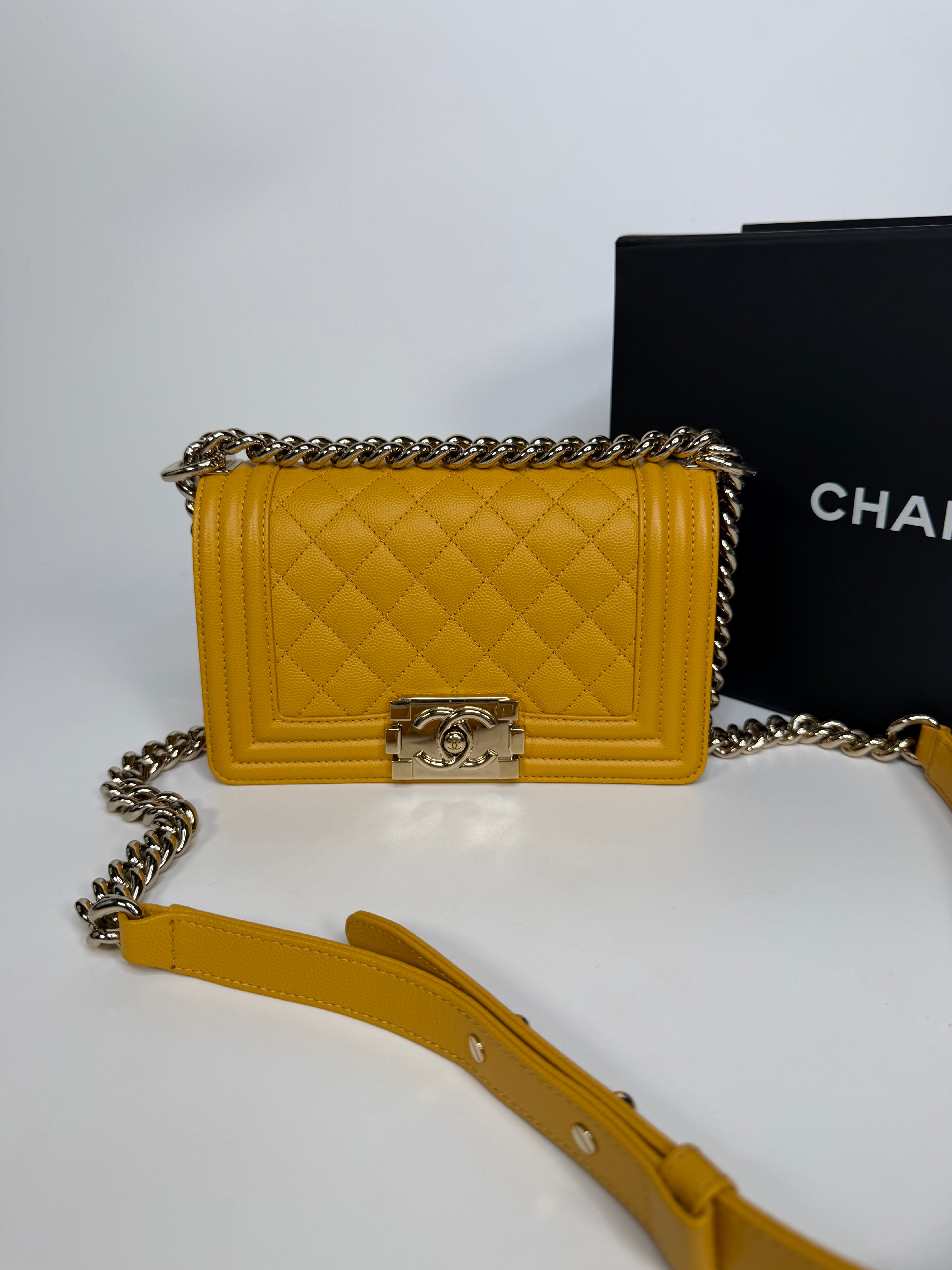 Chanel Small Boy Bag In Yellow Caviar Leather With Pale Gold Hardware