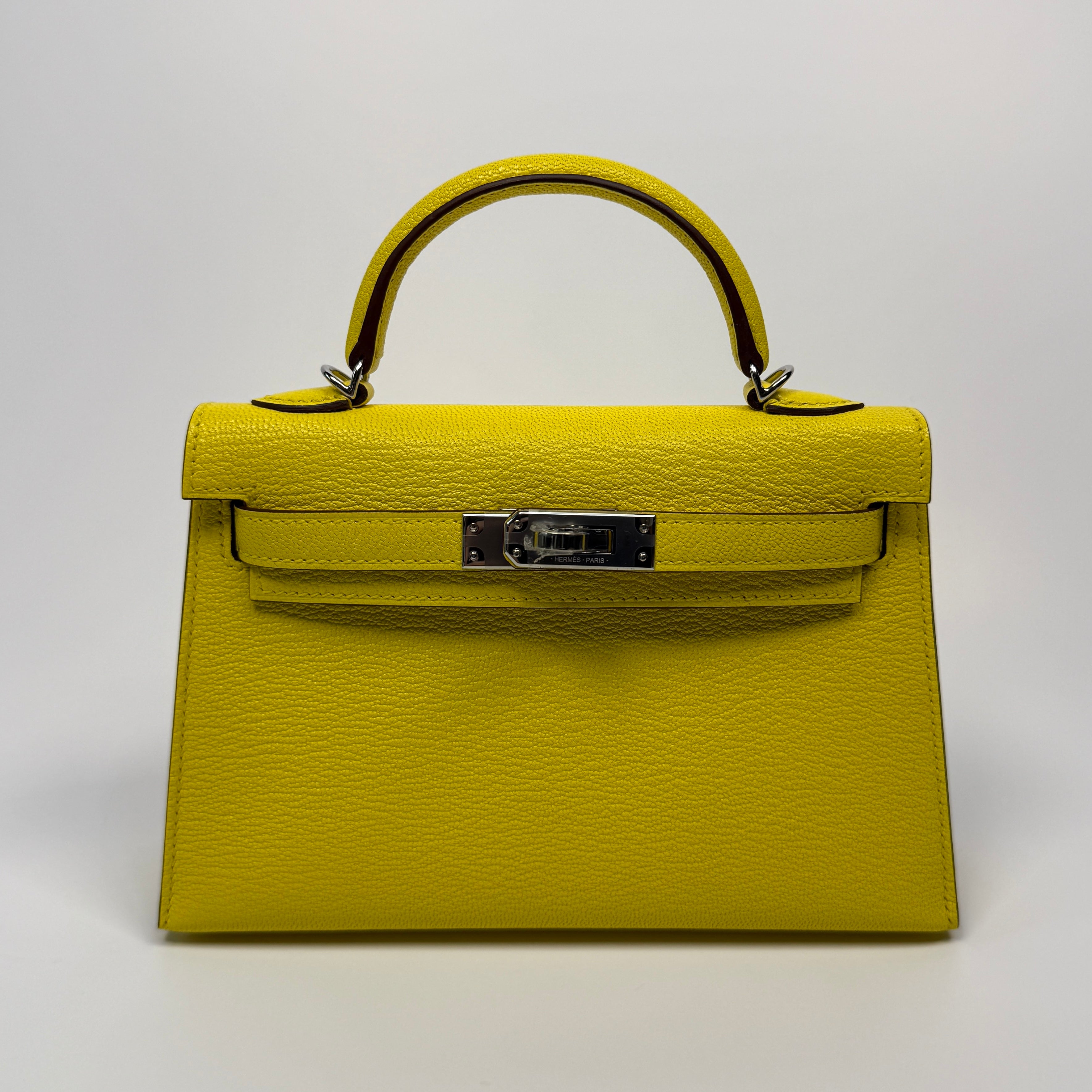 Authentic Pre Loved Hermés Mini Kelly ll Sellier Verso Chèvre Mysore in Jaune Citron and Mushroom With Palladium Hardware New & Unused Condition