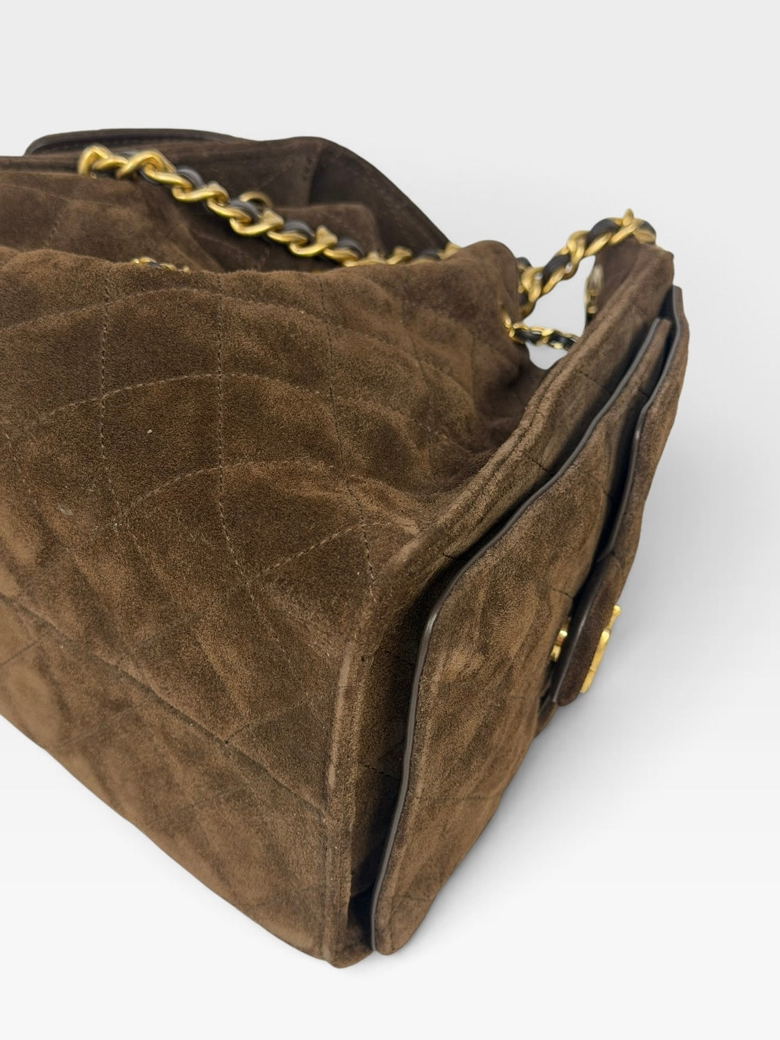 Chanel 25 Small In Brown Suede With Gold Hardware. 100% authentic and preloved in excellent condition