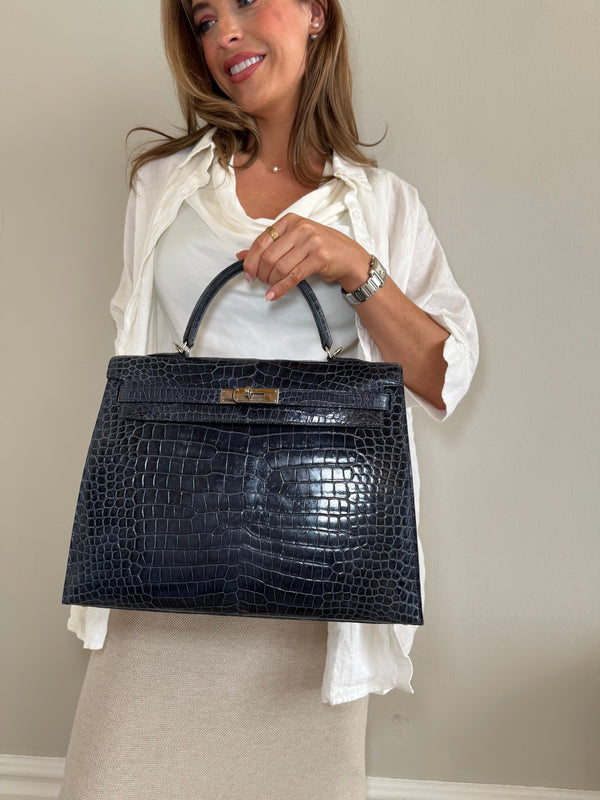 Hermès Kelly 35 In Bleu Crocodile Porosus Lisse With PHW
