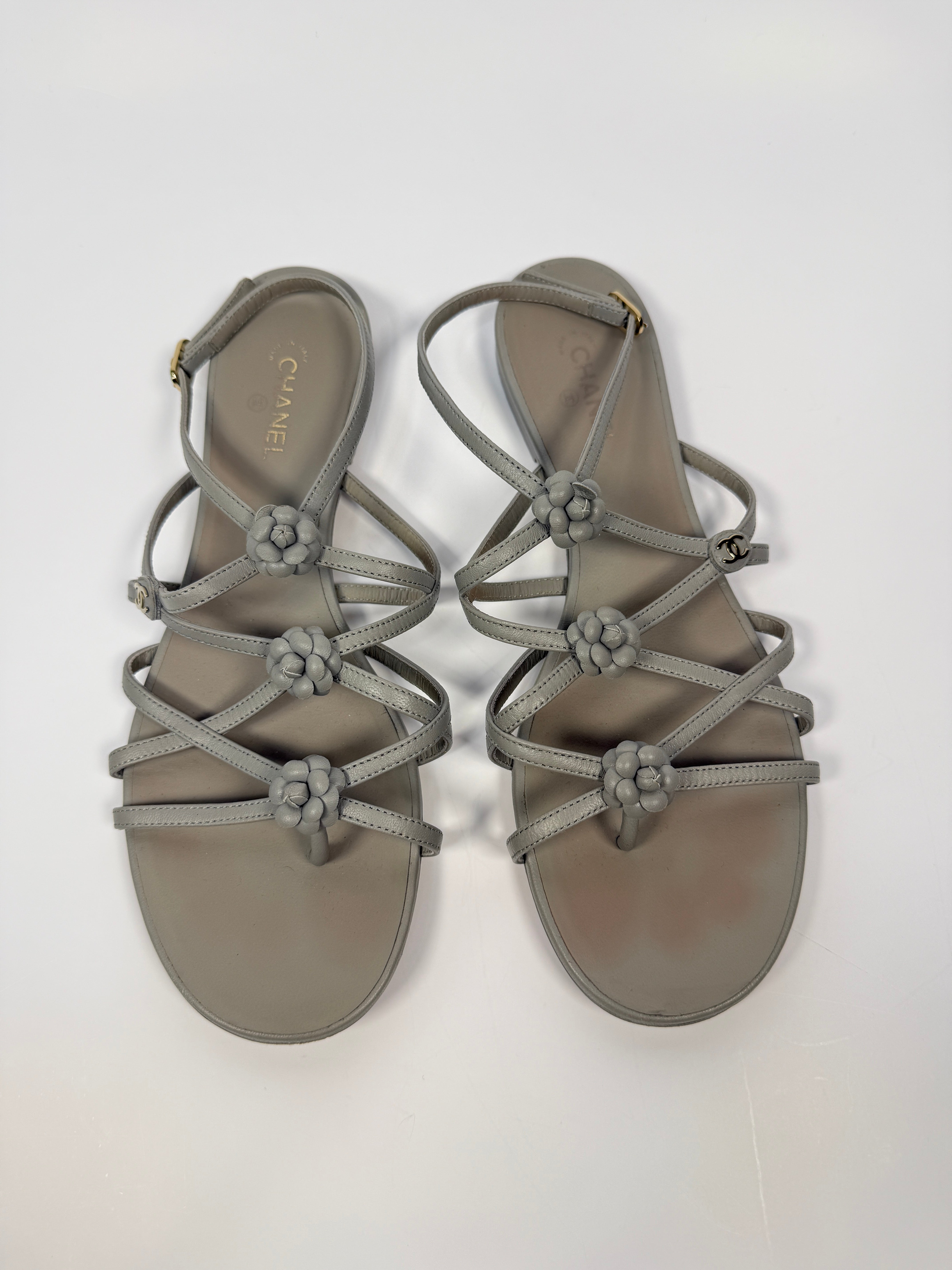Chanel Camellia Sandals In Grey Leather Size 39.5/UK6.5. Authentic And Preloved In Very Good Condition.