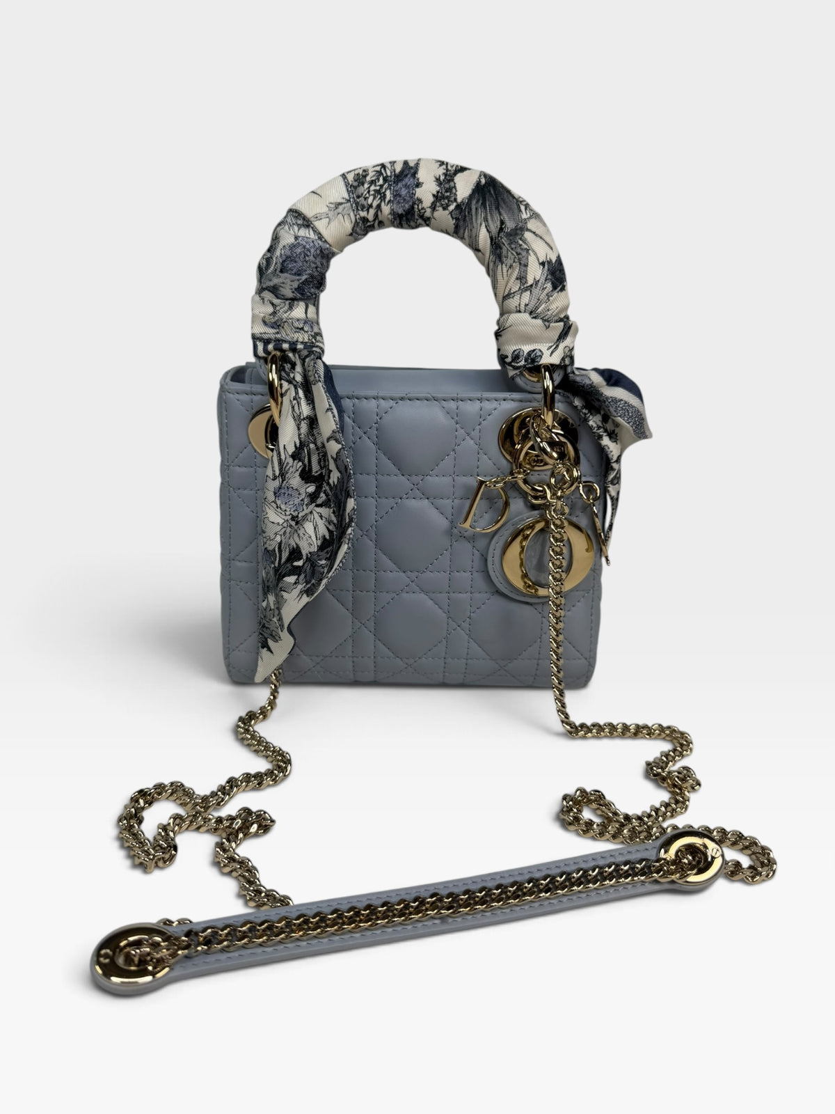 Christian Dior Mini Lady Dior In Pale Blue Cannage Leather With Pale Gold Hardware. 100% Authentic and Preloved in excellent condition. 100% Guarantee