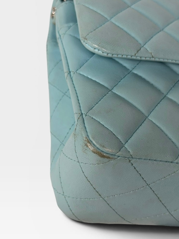 Chanel Medium Double Classic Flap Light Blue Silver Hardware. Authentic and preloved in good condition.