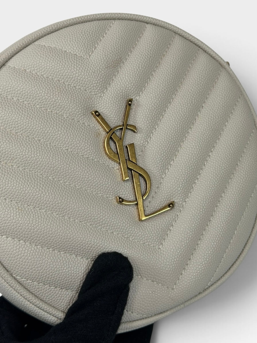 Saint Laurent Vinyle Round Bag In Stone Matelasse Chevron With Gold Hardware. 100% authentic and preloved in excellent condition