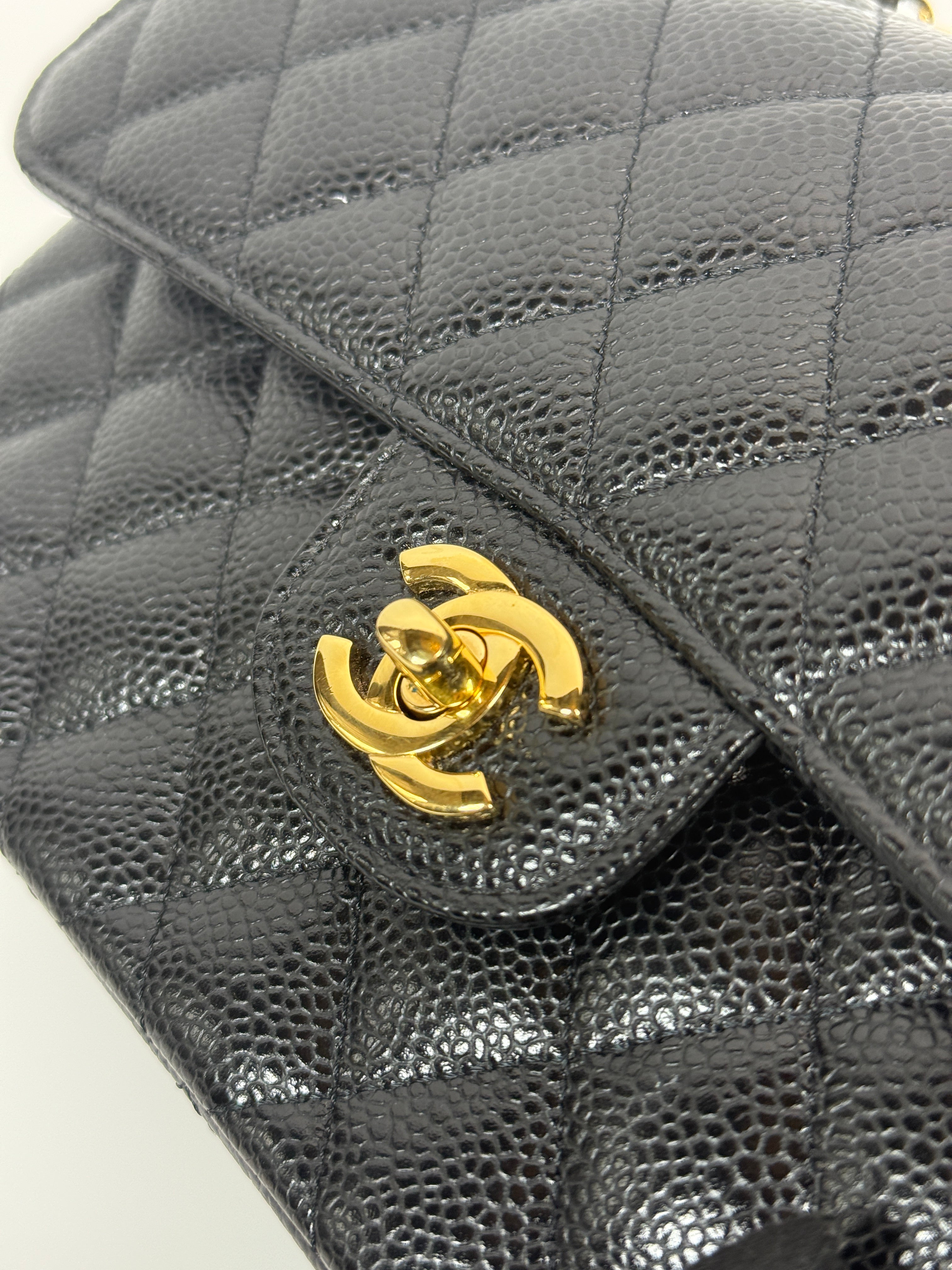 Chanel Small Classic Double Flap In Black Caviar Leather With Gold Hardware Authentic and Preloved In Excellent Condition. 100% Authenticity guarantee 