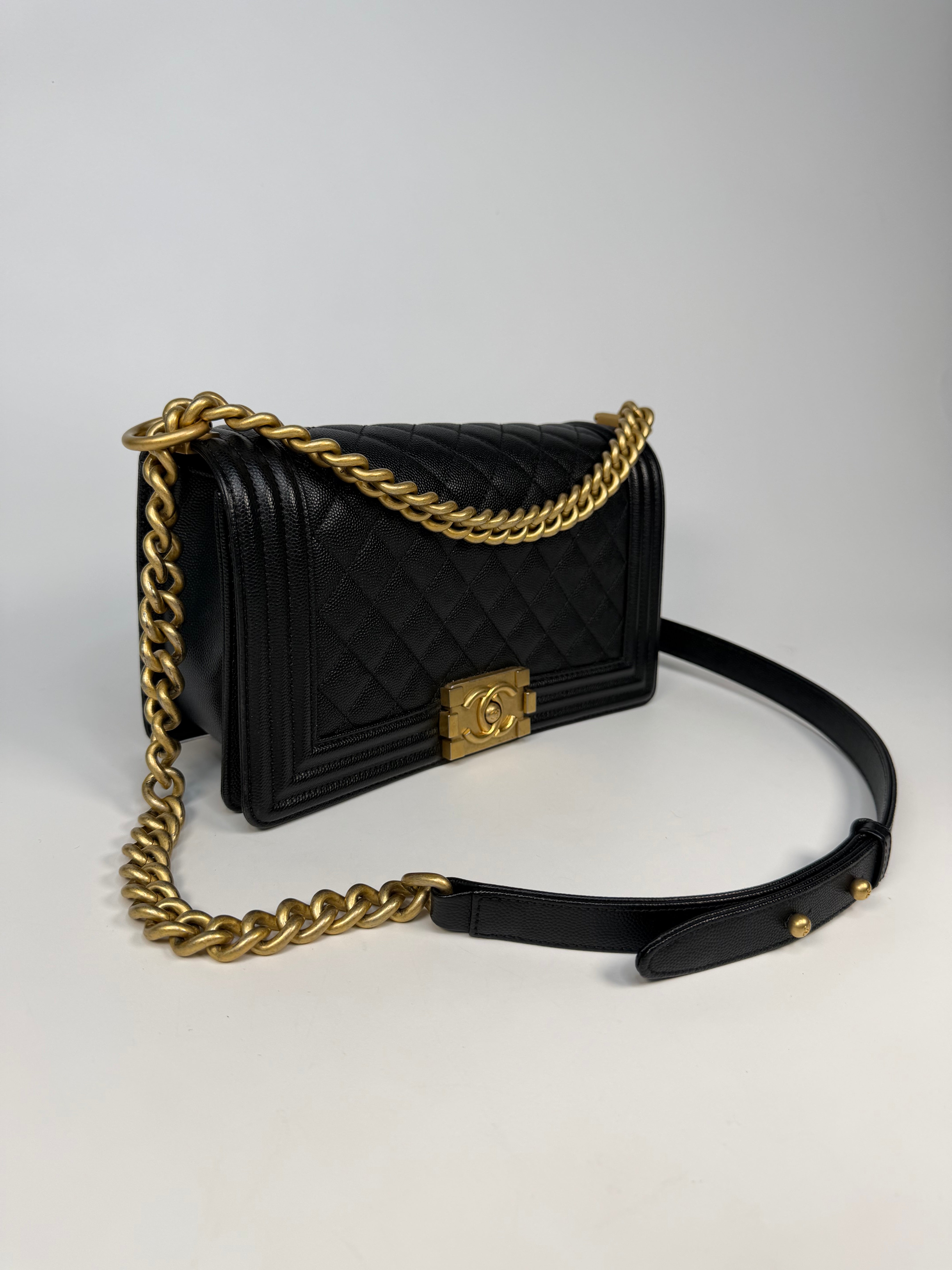  Chanel Boy Bag In Black Caviar Leather With Gold Hardware. Authentic and preloved in excellent condition. Insured next day delivery. Verified by Luxe Cheshire