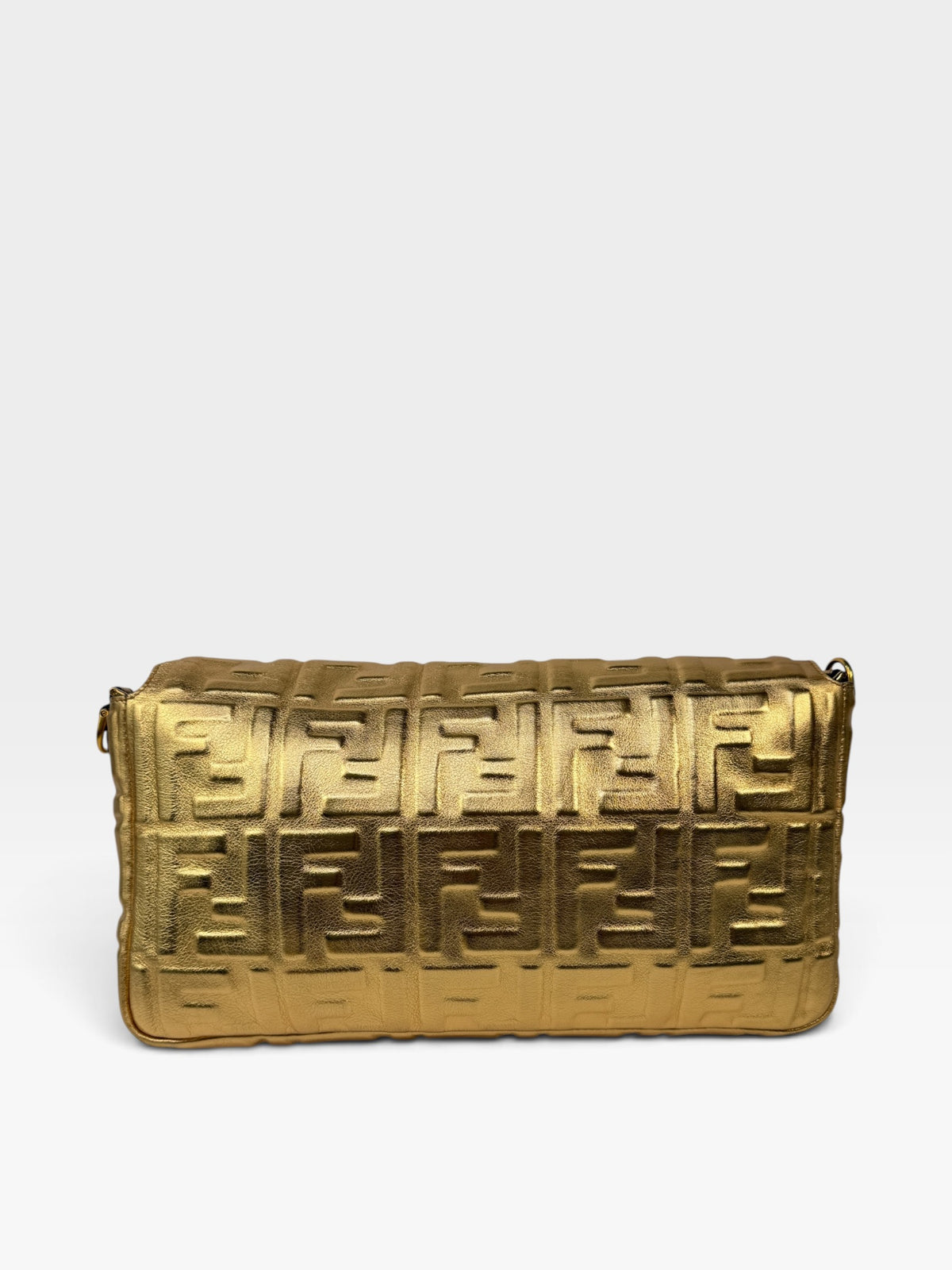 Fendi Large Baguette In Gold Leather Monogram With Gold Hardware. 100% authentic and preloved in excellent condition