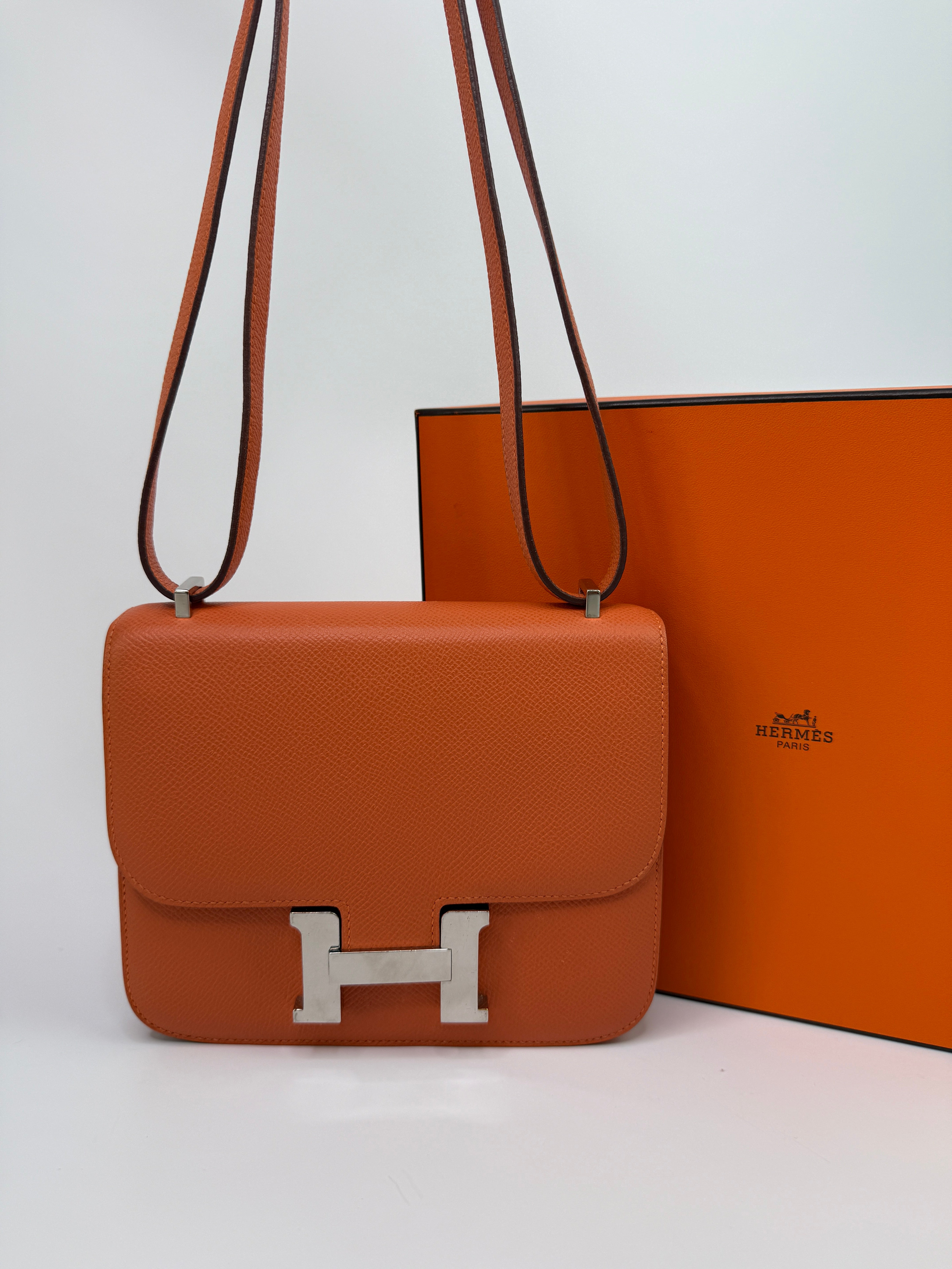 Authentic Pre Loved Hermès Constance 18 In Orange Epsom Leather With Palladium Hardware Very Good Condition