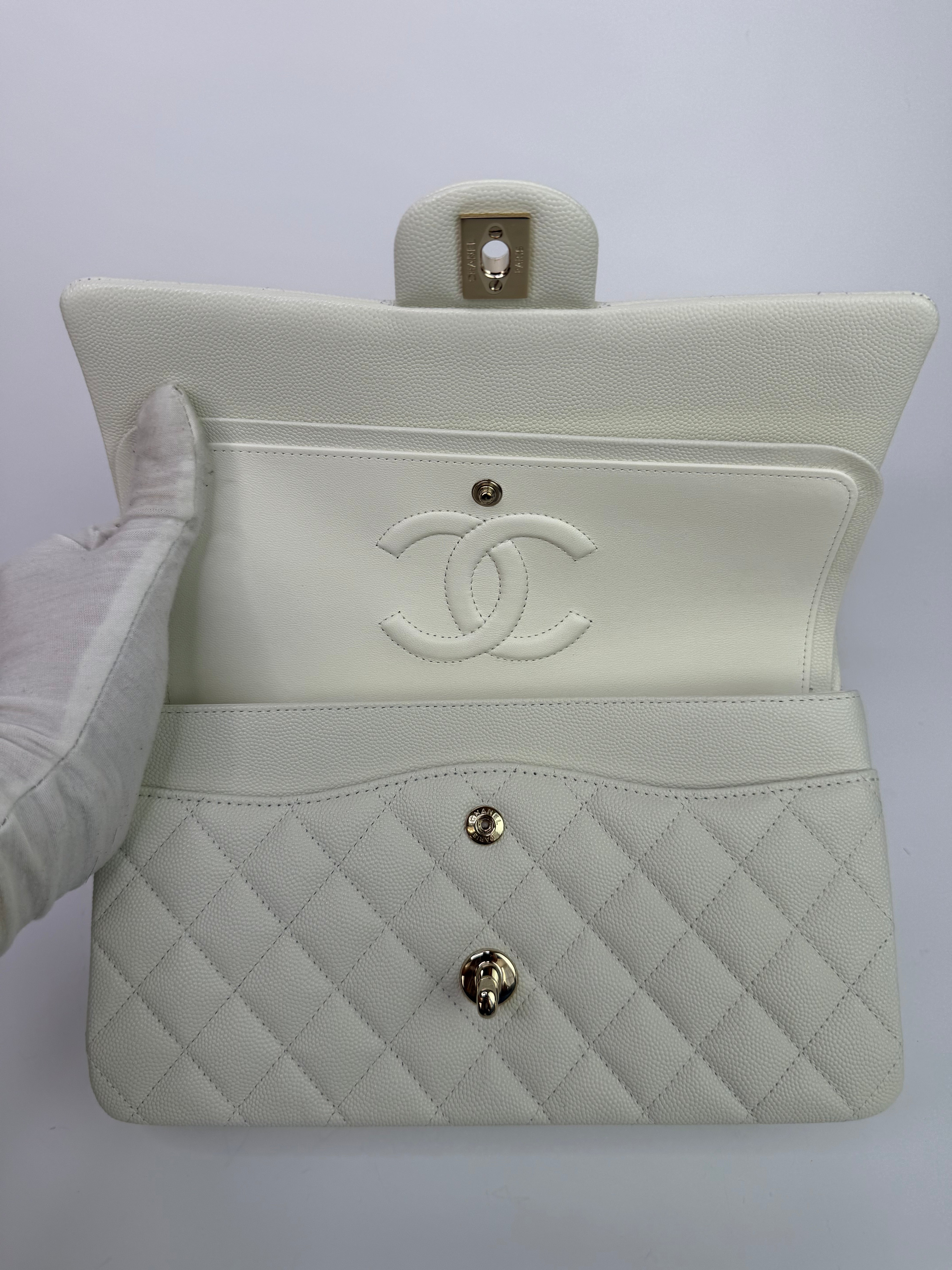 Chanel Medium Classic Double Flap White Caviar Leather With GHW